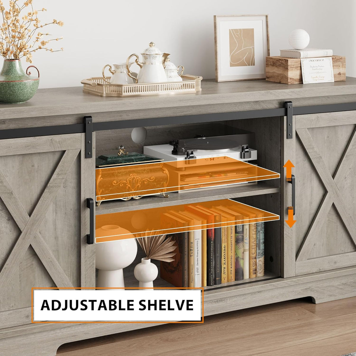 IDEALHOUSE Farmhouse Tv Stand for 65 Inches TVs, Entertainment Center with Storage and Sliding Barn Doors, Adjustable Shelf Modern Media TV Console TV Stand Table for Living Room, Bedroom, Grey
