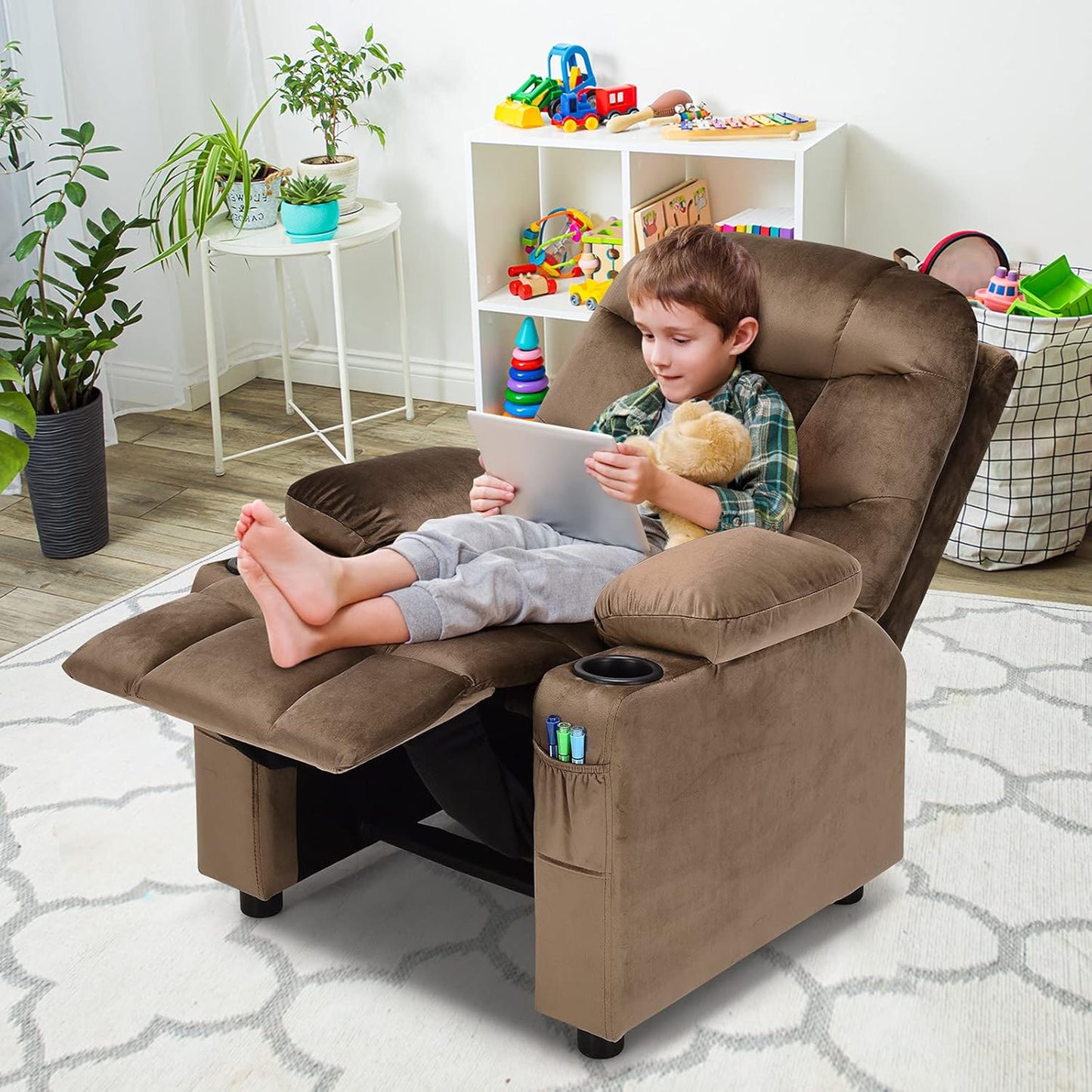 Costzon Kids Recliner Chair with Cup Holder, Adjustable Velvet Lounge Chair w/Footrest & Side Pockets for Children Boys Girls Room, Ergonomic Toddler Furniture Sofa, Kids Recliner (Brown)