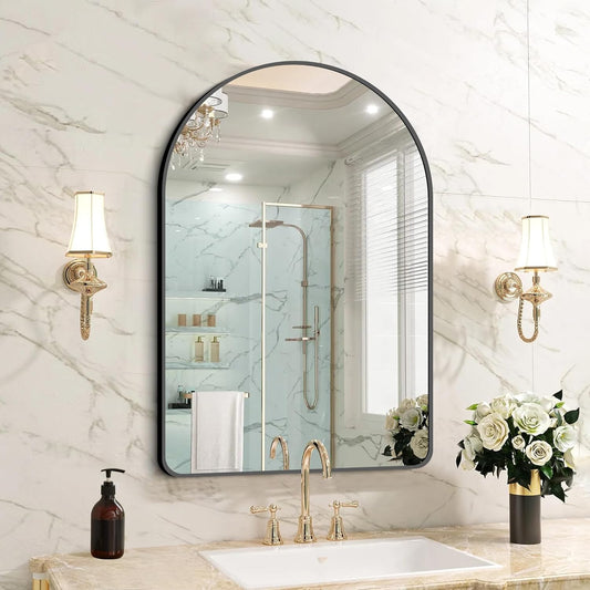 FORBATH Arched Bathroom Mirror 24x36 Inch,Bathroom Mirror Wall Mounted Modern Black Aluminum Alloy Frame Decor Dresser Mirror for Bedroom Living Room Entryway, Hanging or Leaning Against Wall