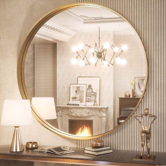 TokeShimi Round Gold Mirror 36 Inch Round Bathroom Mirror for Wall with Non-Rusting Aluminum Alloy Brushed Gold Matte Metal Frame Modern Circle Mirror Fit in Minimalist Multi Style Home Decor