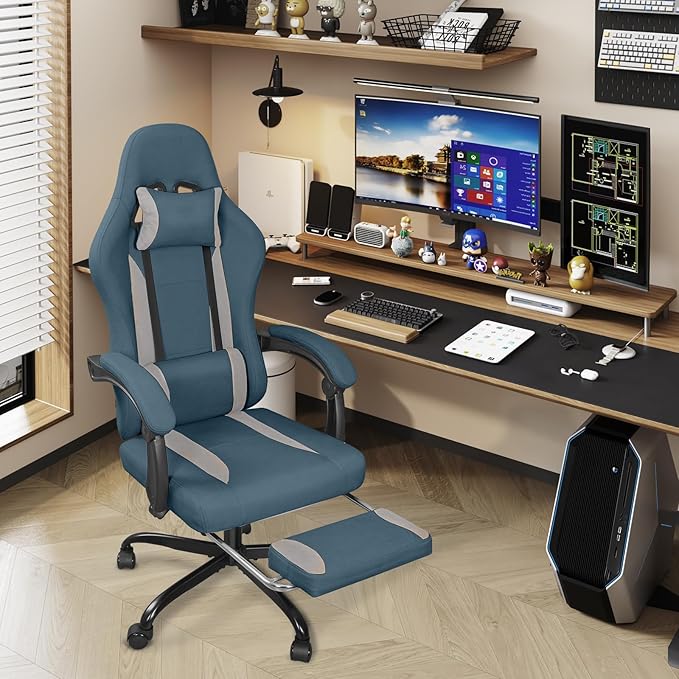 Breathable Fabric Gaming Chair with Footrest, Height Adjustable Game Chair, Video Gaming Chair for Gaming Room, Living Room and Office - Blue/Light Grey