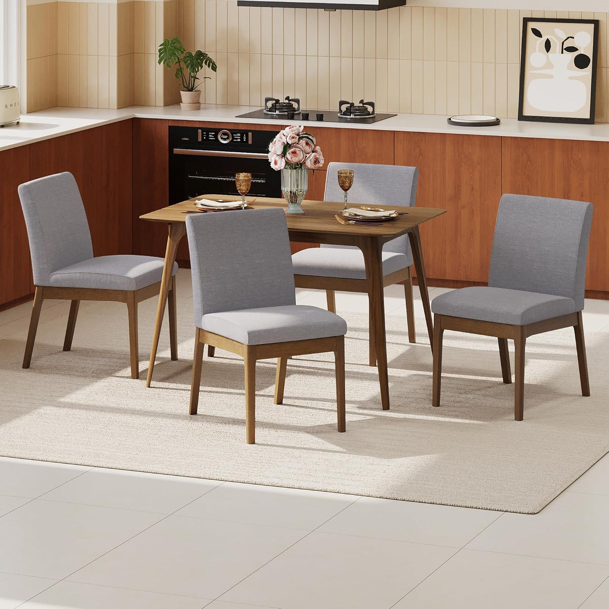 Dining Table Set for 4, Solid Rubberwood Upholstered Chairs, Mid-Century Modern Kitchen Furniture for Home, Dining/Living Room, Walnut+Gray