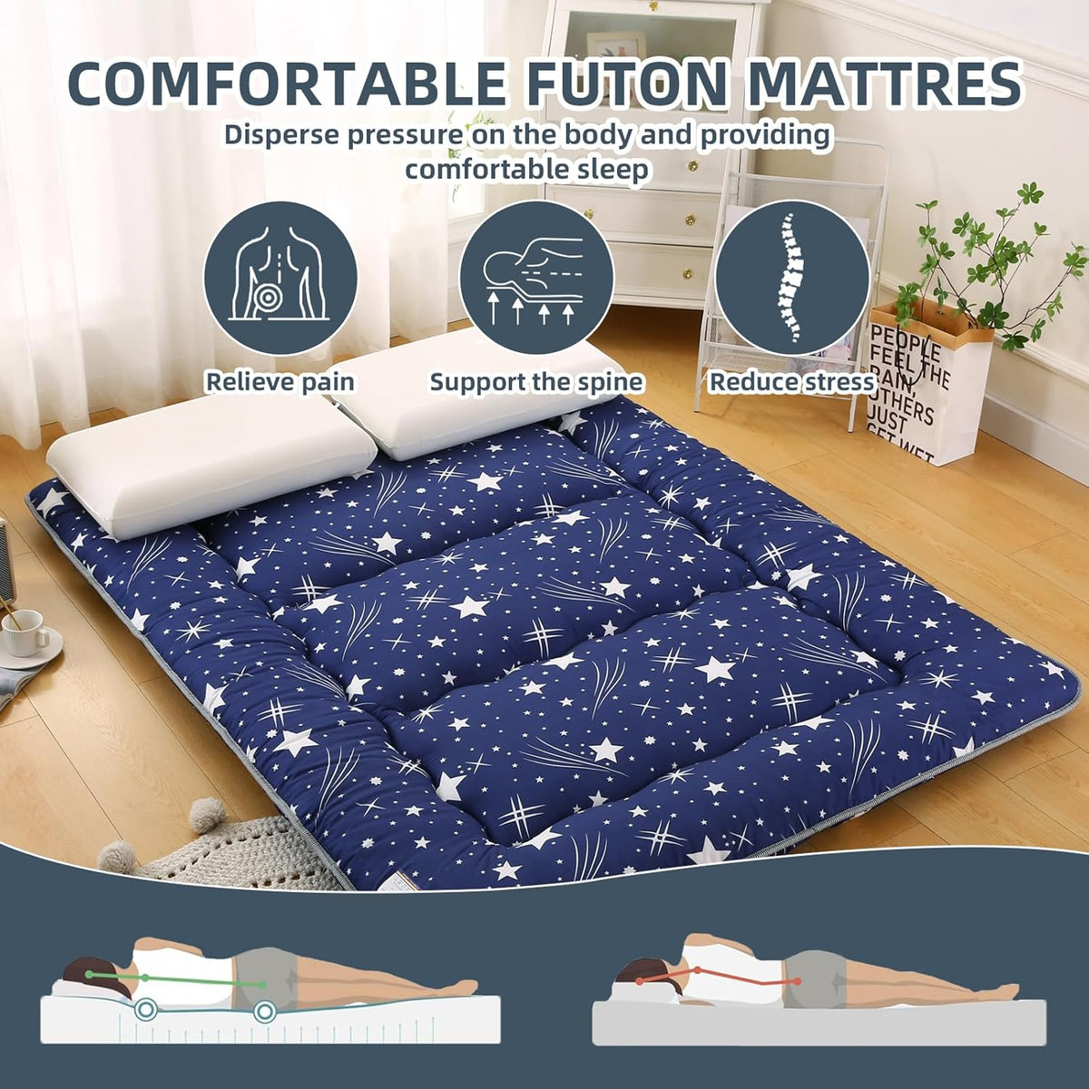 Bohemian Retro Japanese Floor Mattress, Vintage Floral Tatami Floor Mat, Portable Roll up Futon Mattress for Guest,Tavel (Starry,Twin 80" x 36")