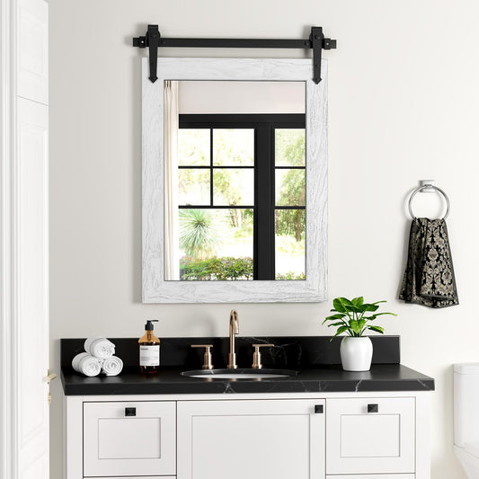 Farmhouse Bathroom Mirror for Over Sink 22”*32”, Barn Door Mirror, Rustic Wall Mirror for Bathroom White, Living Room, Entryway