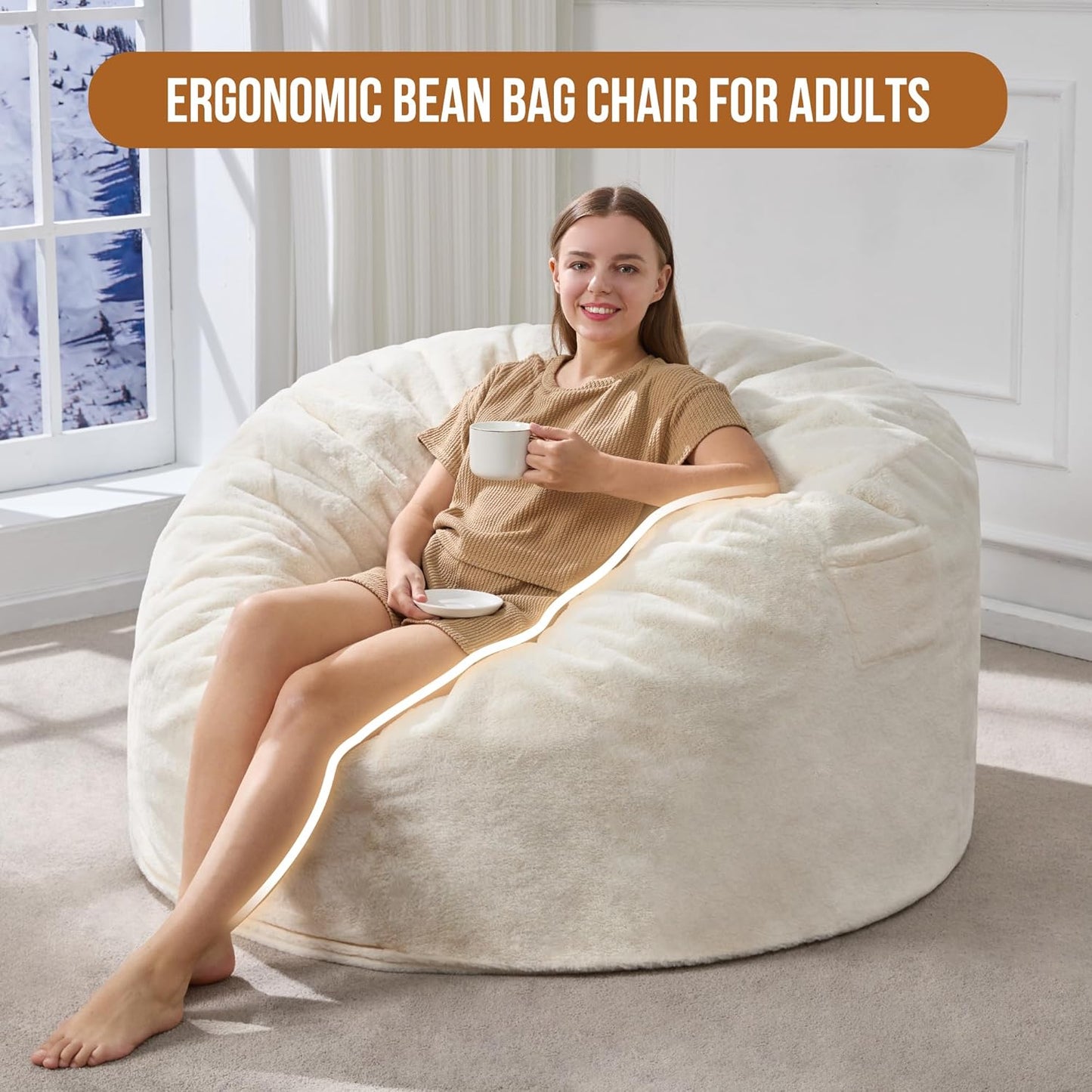 Hobestluk 4FT Bean Bag Chairs for Adults Large Beanbag Chair with Plush Faux Fur Cover Big Bean Bag Chair for Living Room Bedroom Dorm Office - White (44” x 44” x 24”)