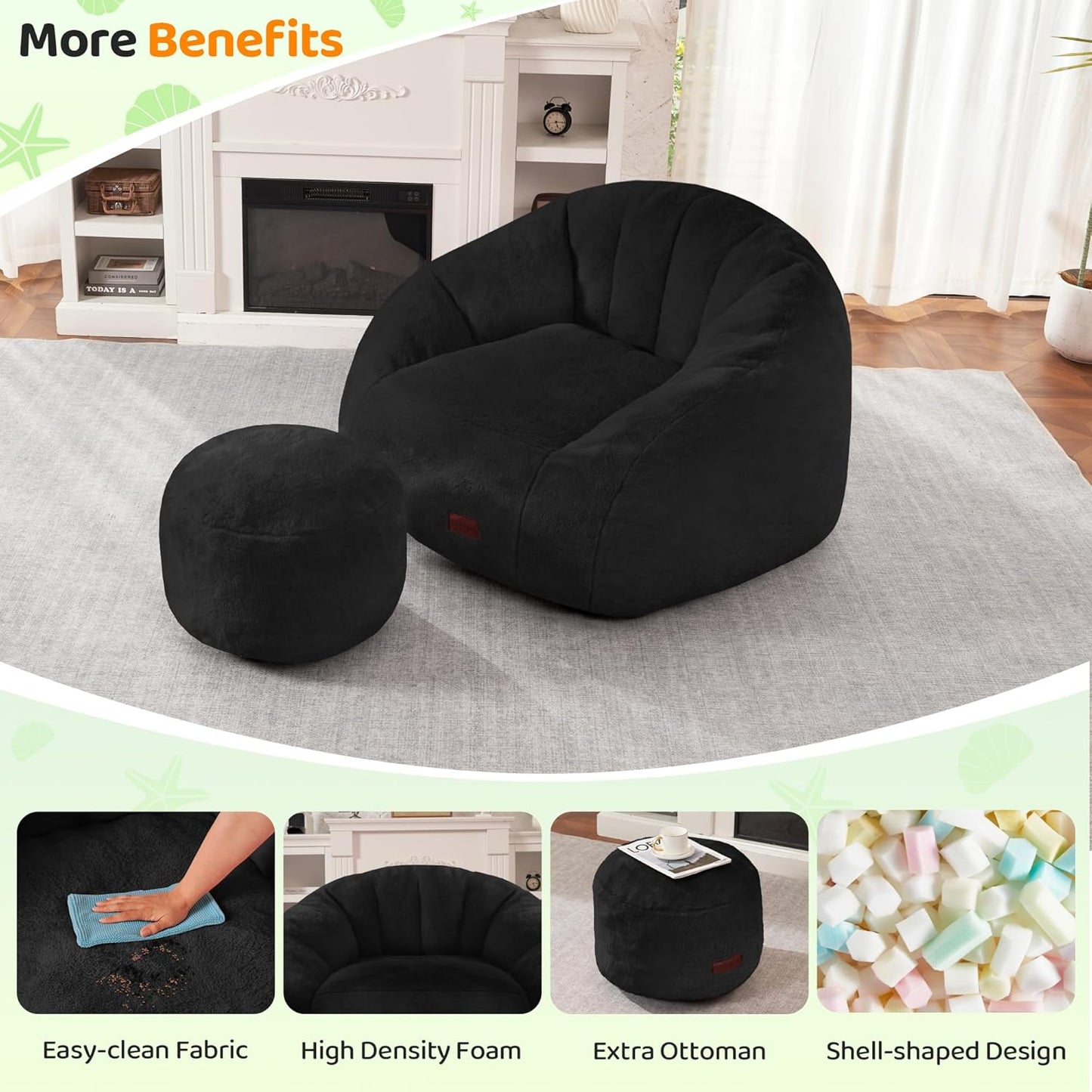 HABUTWAY Bean Bag Chair, Giant Bean Bag Chairs for Adults with Ottoman, Comfy Faux Fur Shell-Shaped Bean Bag Couch, Sofa Chair for Living Room, Bedroom, Black