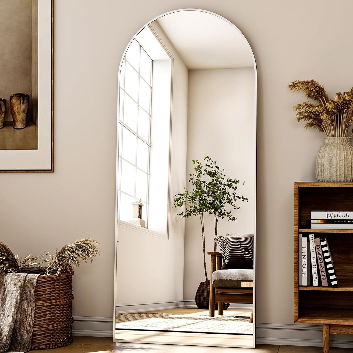 56"x21" Floor Full Length Mirror Standing Full Body Rounded Corner Rectangle Mirrors with Stand Hanging Wall Mounted Leaning Bedroom Living Room Bedroom Cloakroom