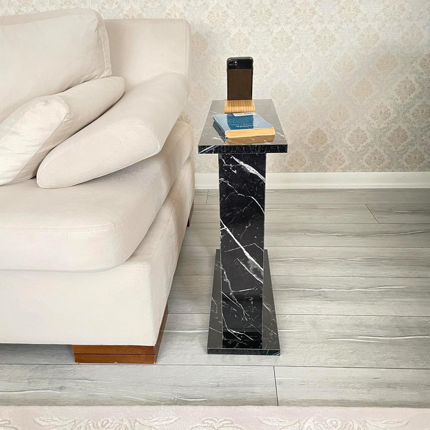 Very Narrow Side Table for Living Room, Small Apartment Space Between Chairs Skinny Table for Recliner, Couch, Armchair, Thin Slim End Table for Living Room, Bedroom, Beverages (Black Marble)