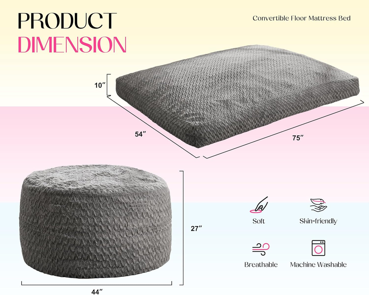 Hobestluk Bean Bag Chair Convertible Beanbag Chairs for Adults, 3 in 1 Bean Bags with Plush Chevron Cover, Adult Bean Bag Chair for Living Room, Bedroom (Grey, Full)