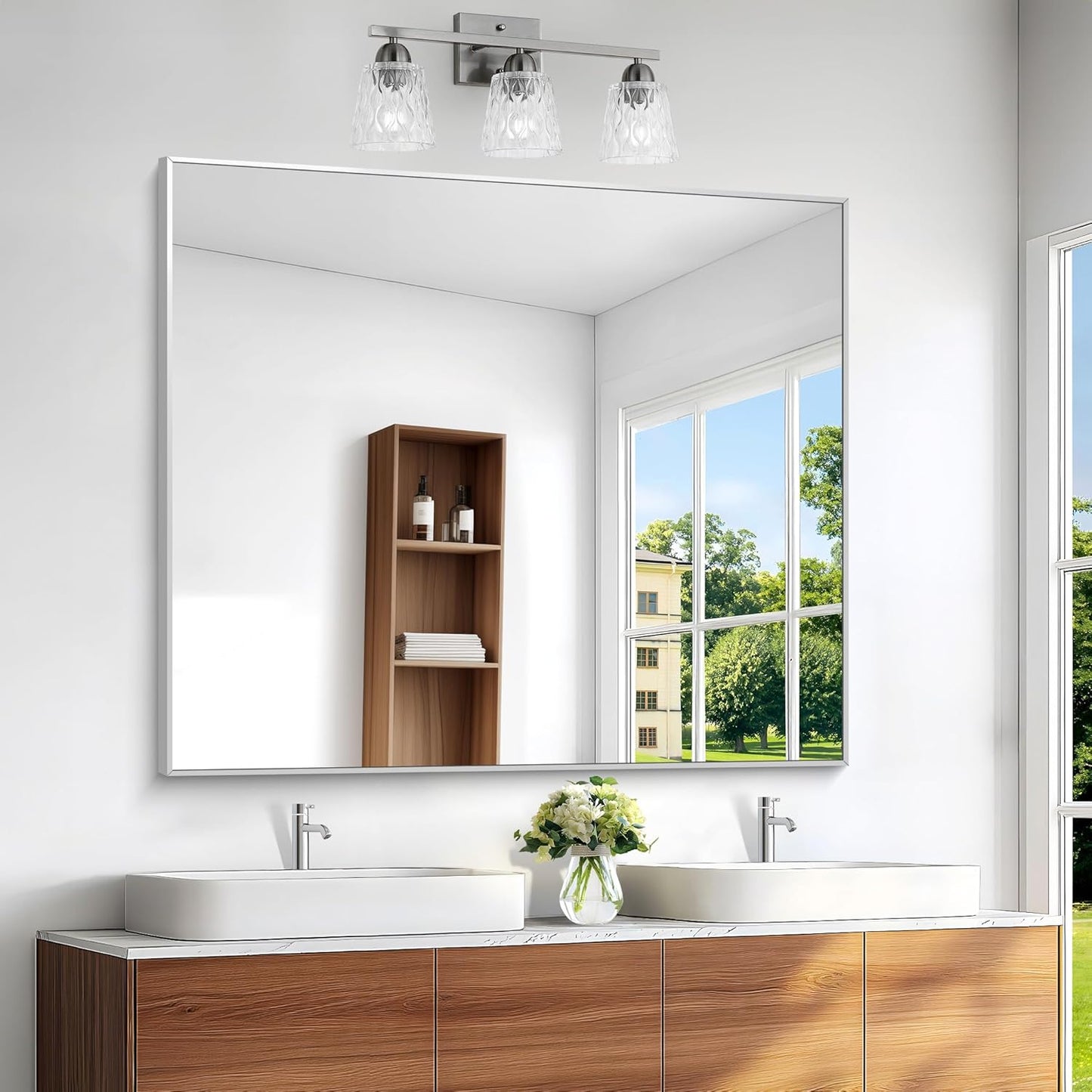 BONEWEI Silver Bathroom Mirror,40x48 inch Wall Mirror for Bathroom Wall Mounted,Large Rectangle Mirror for Bathroom Over Sink,Modern Metal Frame for Living Room,Bedroom Entryway,Horizontal/Vertical