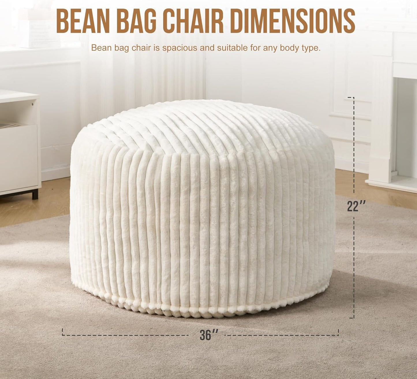 Hobestluk 3ft Bean Bag Chairs for Adults Large Beanbag Chair with Stripe Plush Cover Big Bean Bag Chair for Living Room Bedroom Dorm Office - White (36” x 36” x 22”)
