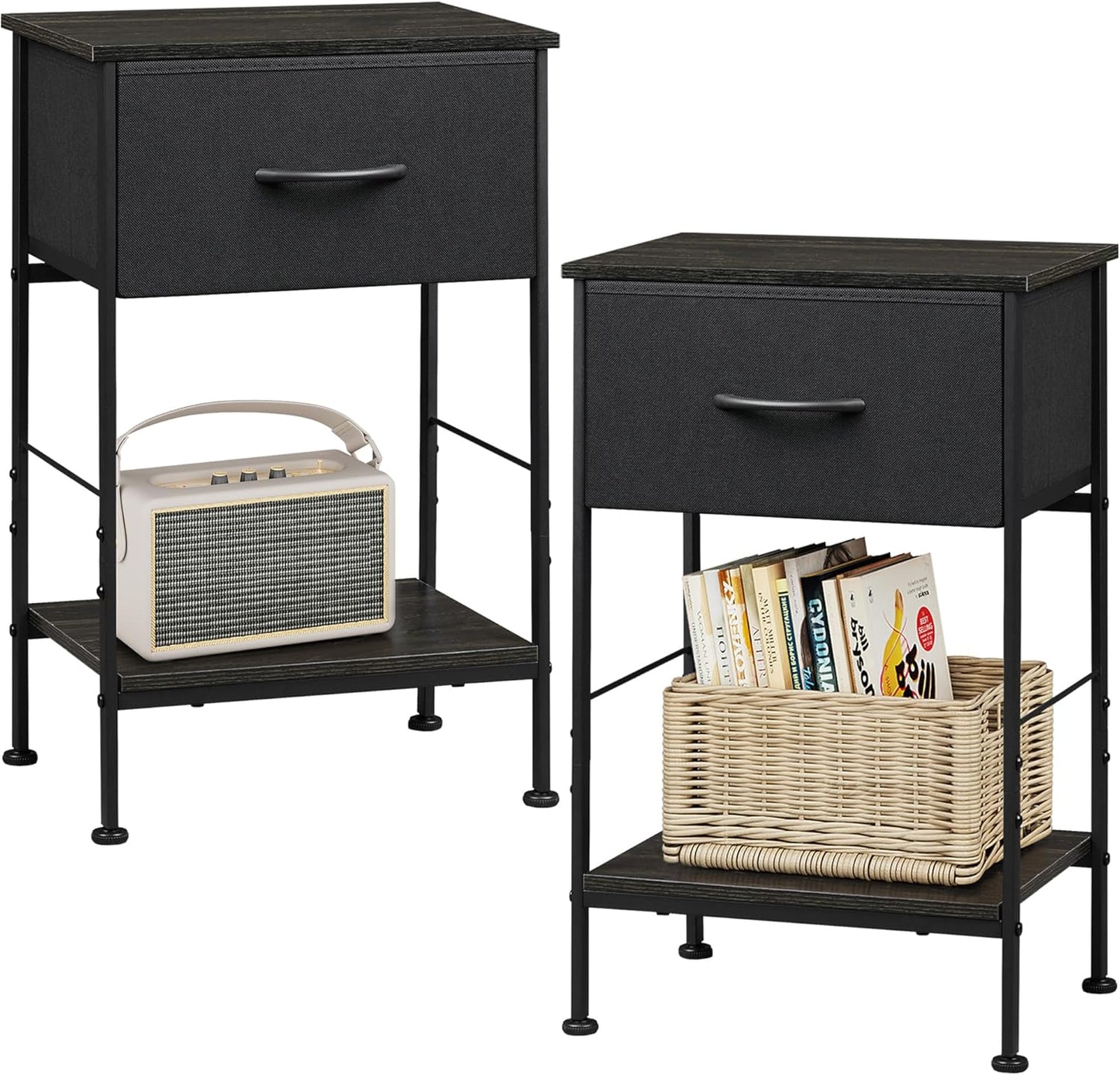 WLIVE Night Stand Set 2, Black Nightstand with Fabric Storage Drawer and Open Wood Shelf, Nightstand Set of 2 with Steel Frame, Side Table for Bedroom, Dorm, Charcoal Black, 25.03" Height