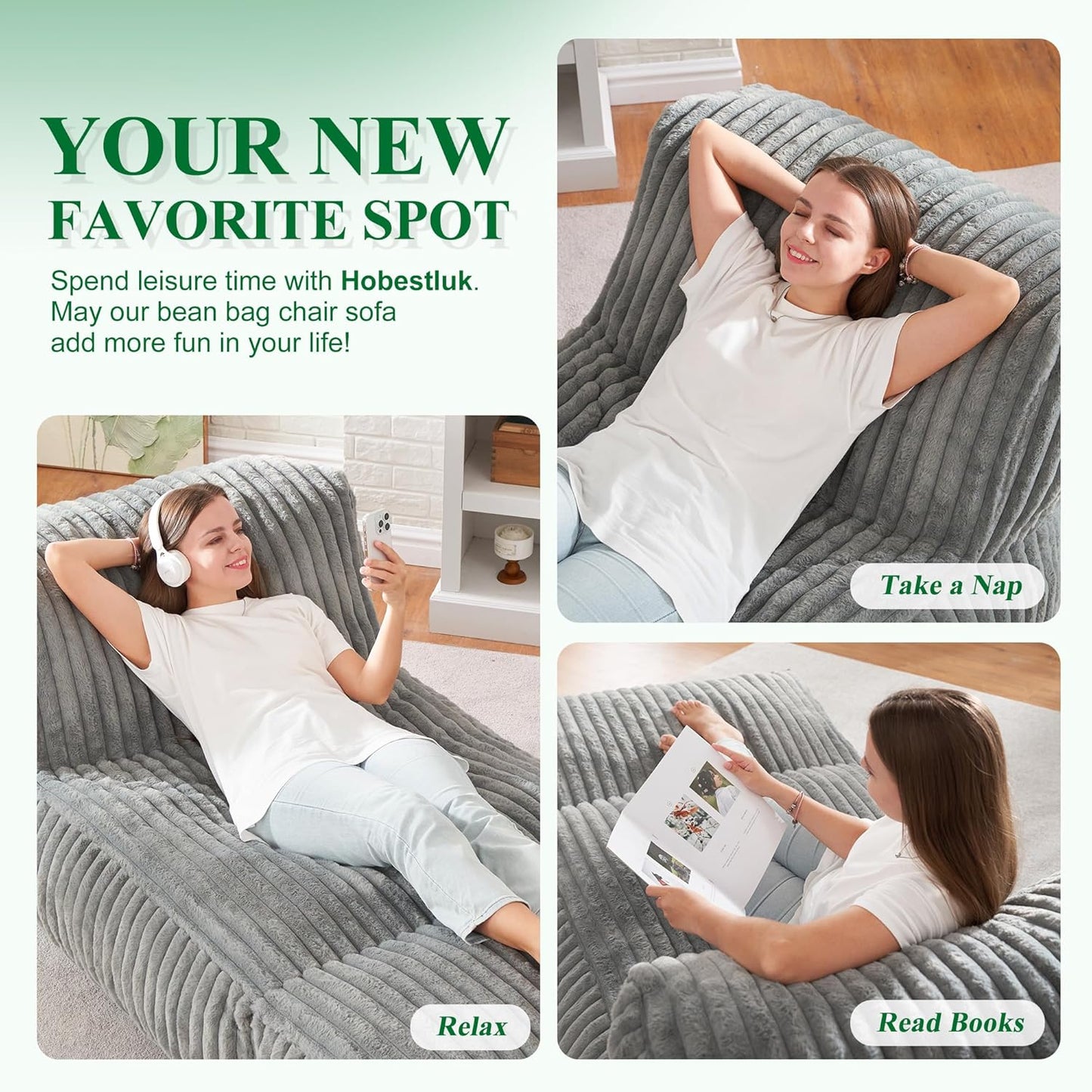 Hobestluk Big Bean Bag Lounger Chairs Large Beanbag Chair for Adults Bean Bag Sofa with Memory Foam Filled for Living Room, Bedroom or Balcony (Stripe Grey)