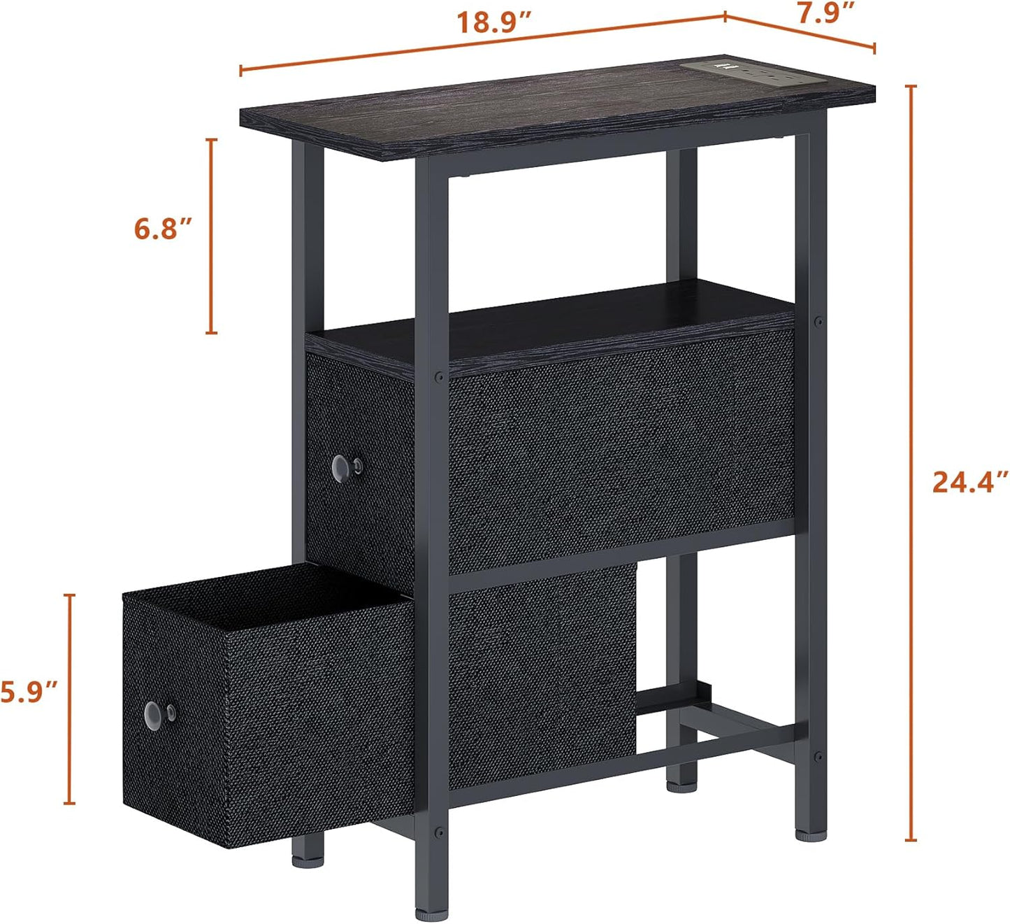 End Table with Charging Station, Narrow Side Table with 2 Fabric Drawers, Skinny Nightstand with LED Light, Slim Bedside Table for Bedroom, Living Room, Small Spaces, Black