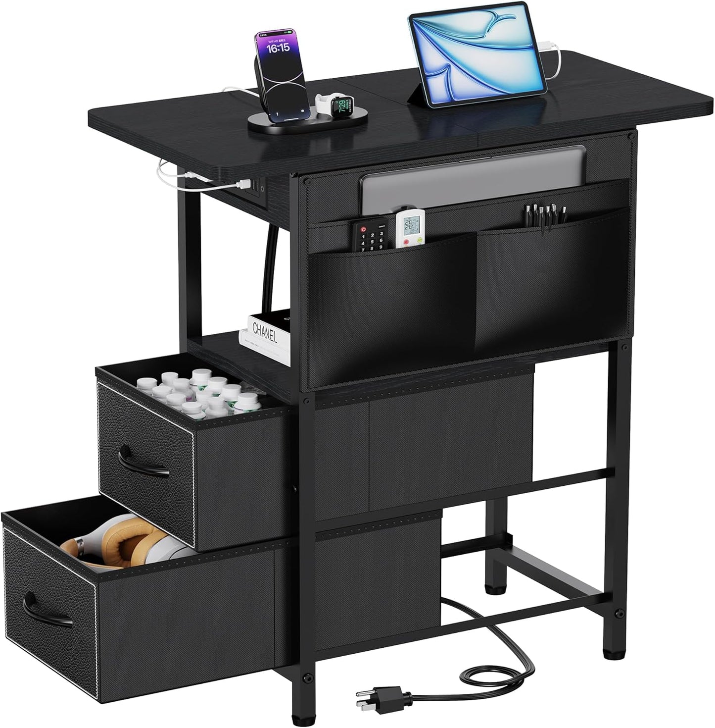 Small Side Table with Charging Station, Narrow Nightstand Bedside Tables with Storage Pocket for Living Room Bedroom, Sofa End Table with USB Ports and Power Outlets for Small Spaces
