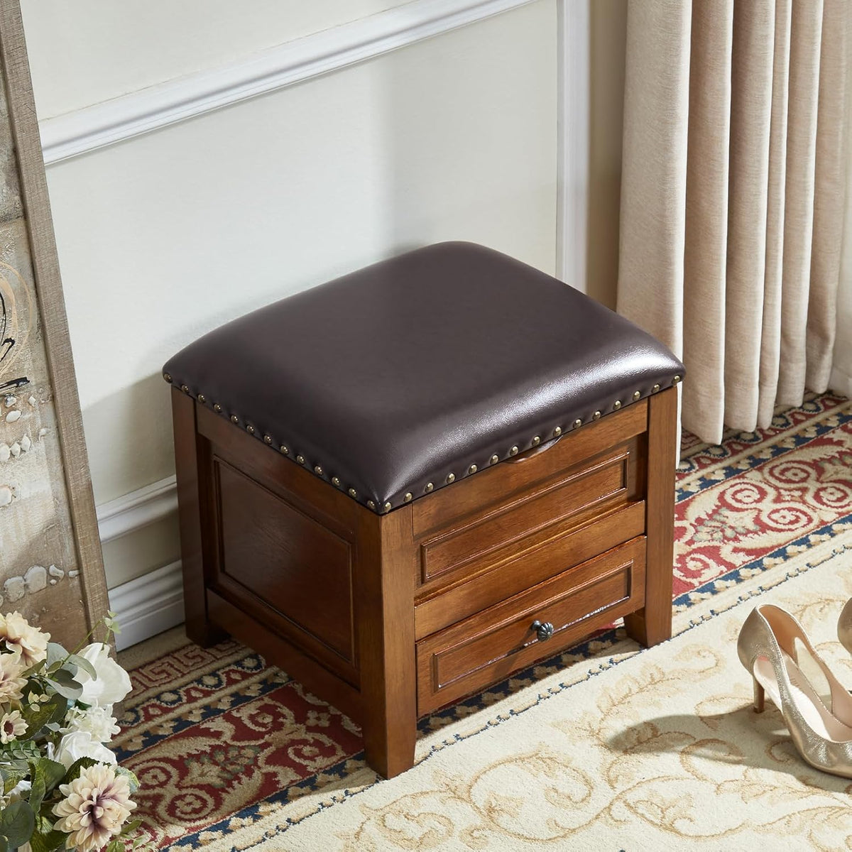 Storage Ottoman with Drawer, Microfiber Leather Padded Top Foot Rest Stool with Nailhead Trim for Bedroom Living Room