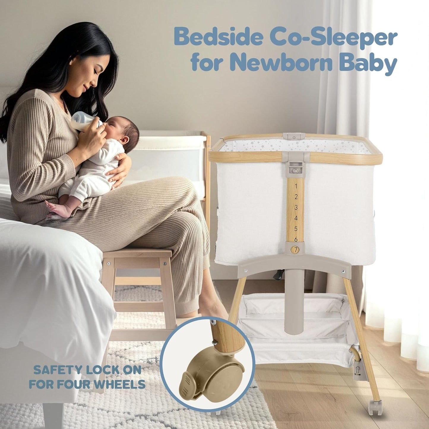 Baby Bassinet Bedside Sleeper, Portable Crib for Newborns, Adjustable 7-Height Auto-Lock, with Wheels, Soft Mattress & Breathable Mesh (White - with Mosquito Net)