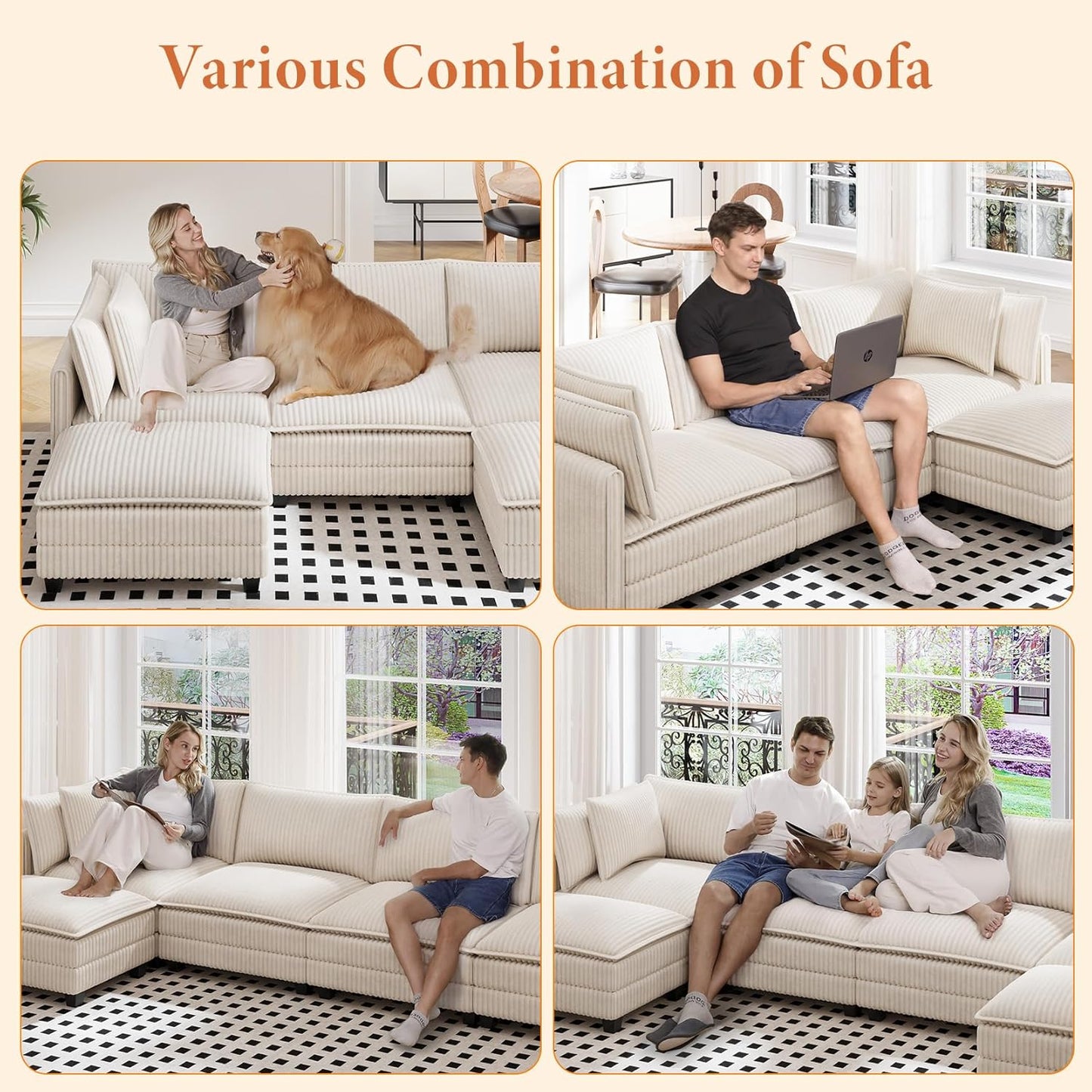 Vesgantti 143" U Shaped Sectional Modular Couch, Comfy Corduroy Upholstered Modular Cloud Sofas for Living Room, Modern Sectional Sofa with 2 Ottoman Deep Seat, Beige