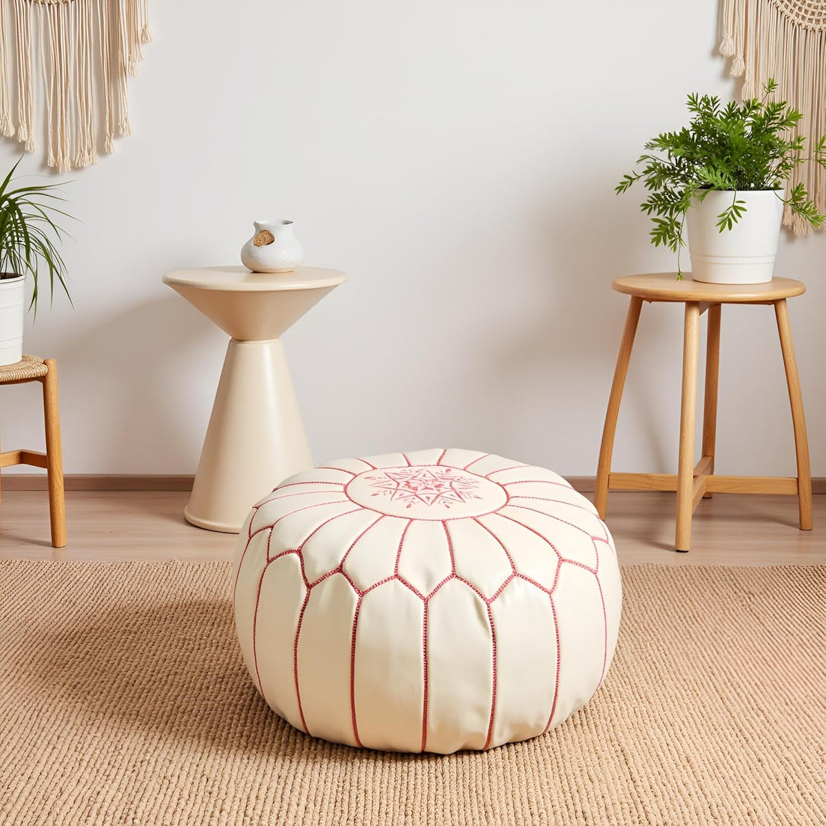 Stuffed Round Design Moroccan Leather Pouf Ottoman, Handmade, Pre-Filled, 100% Genuine Leather, 13” Height x 20” Diameter, Footstool & Living Room Décor (White with Pink Stitches)