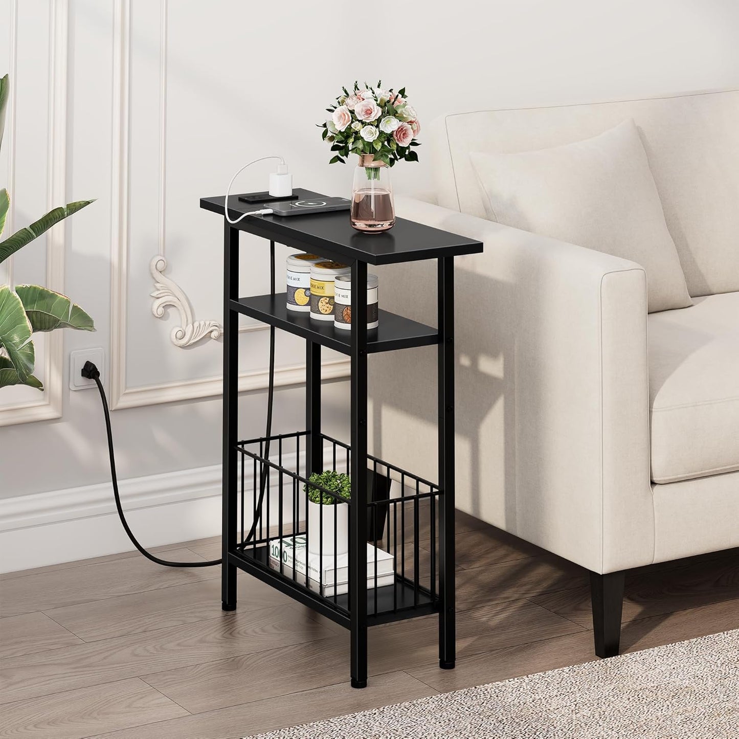 Vagusicc Narrow Side Table with Charging Station, 3-Tier Skinny Side End Table for Couch, Small End Tables for Small Spaces, 25.2" Tall Slim Nightstand Bedside Table for Living Room, Bedroom, Black