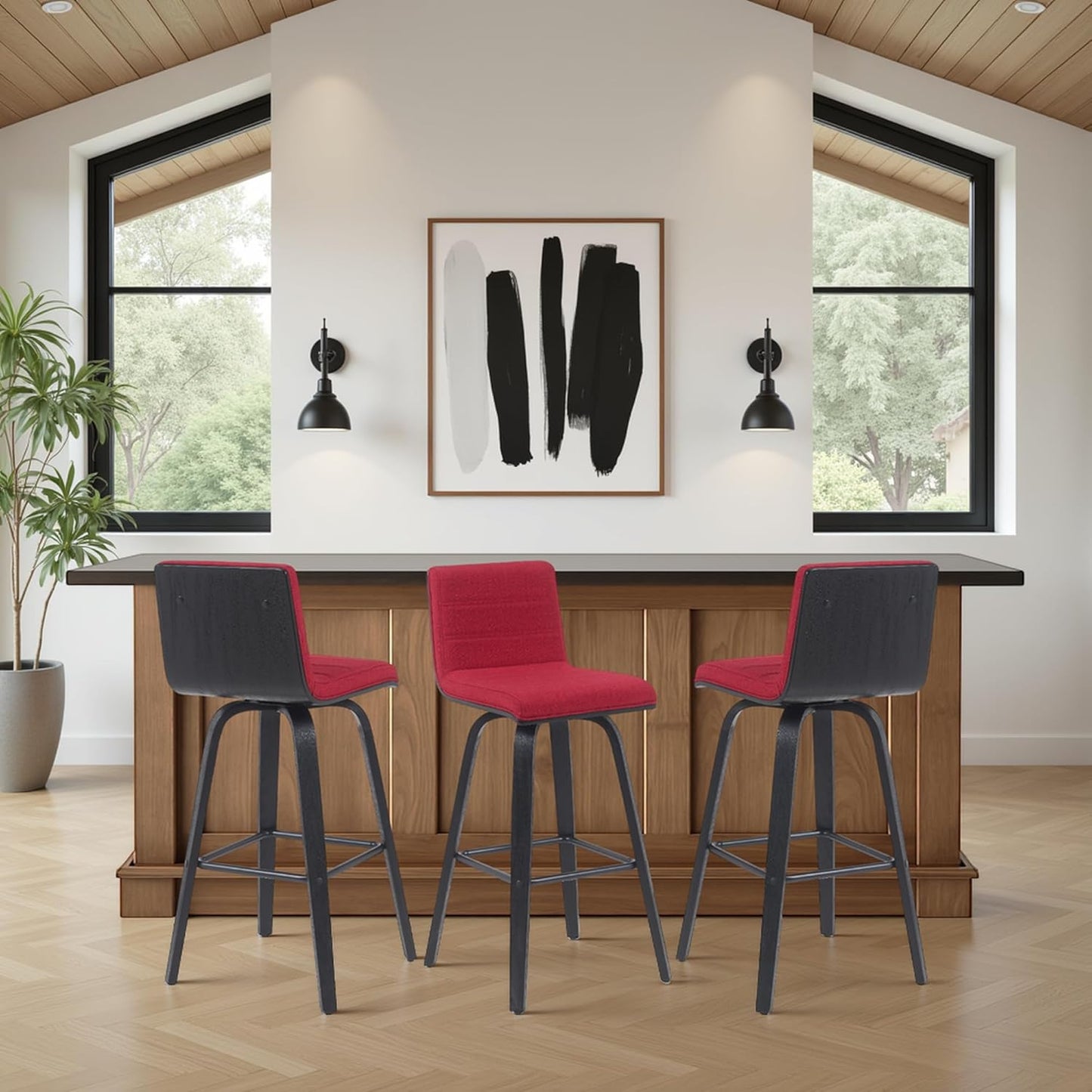 Vienna Modern Swivel Bar Height Stool with Red Upholstered Seat and Brushed Wood Frame Set of 2