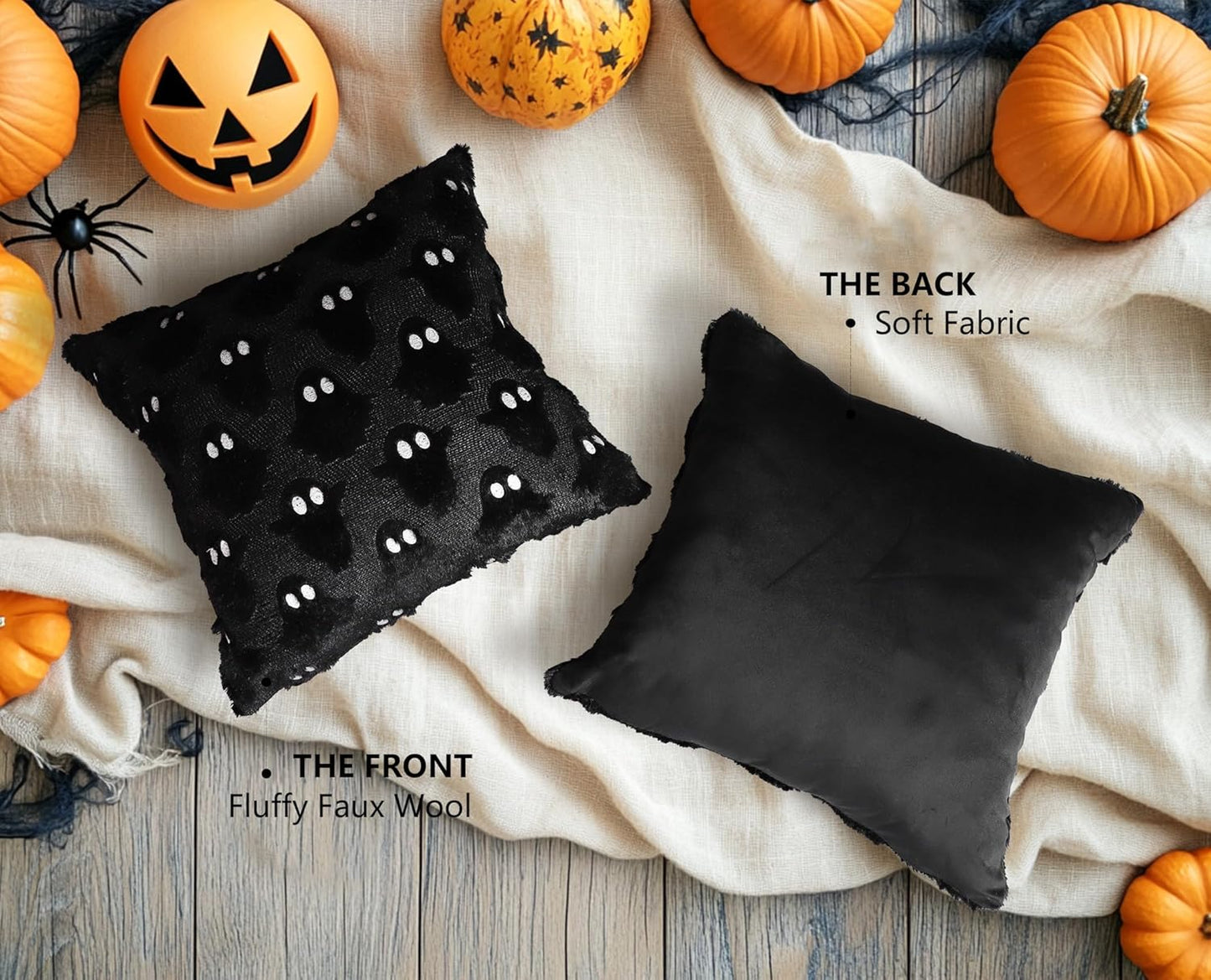 4TH Emotion Halloween Ghost Decorative Pillow Covers 16x16 Set of 2, Black Soft Plush Faux Fur Farmhouse Throw Cushion Cases for Fall Autumn Holiday Home Decorations