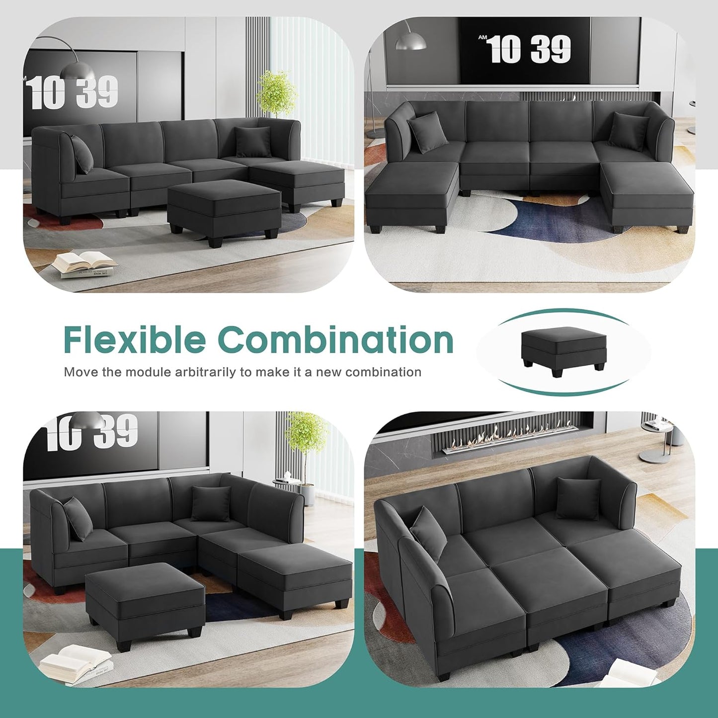 Shintenchi 6 Pieces Sectional Couch Modular Sofa,U Shaped Reversible Chaise Velvet SofaCouch with Cushions,Modular Sectional Sofa with Ottoman for Living Room (Dark Grey)