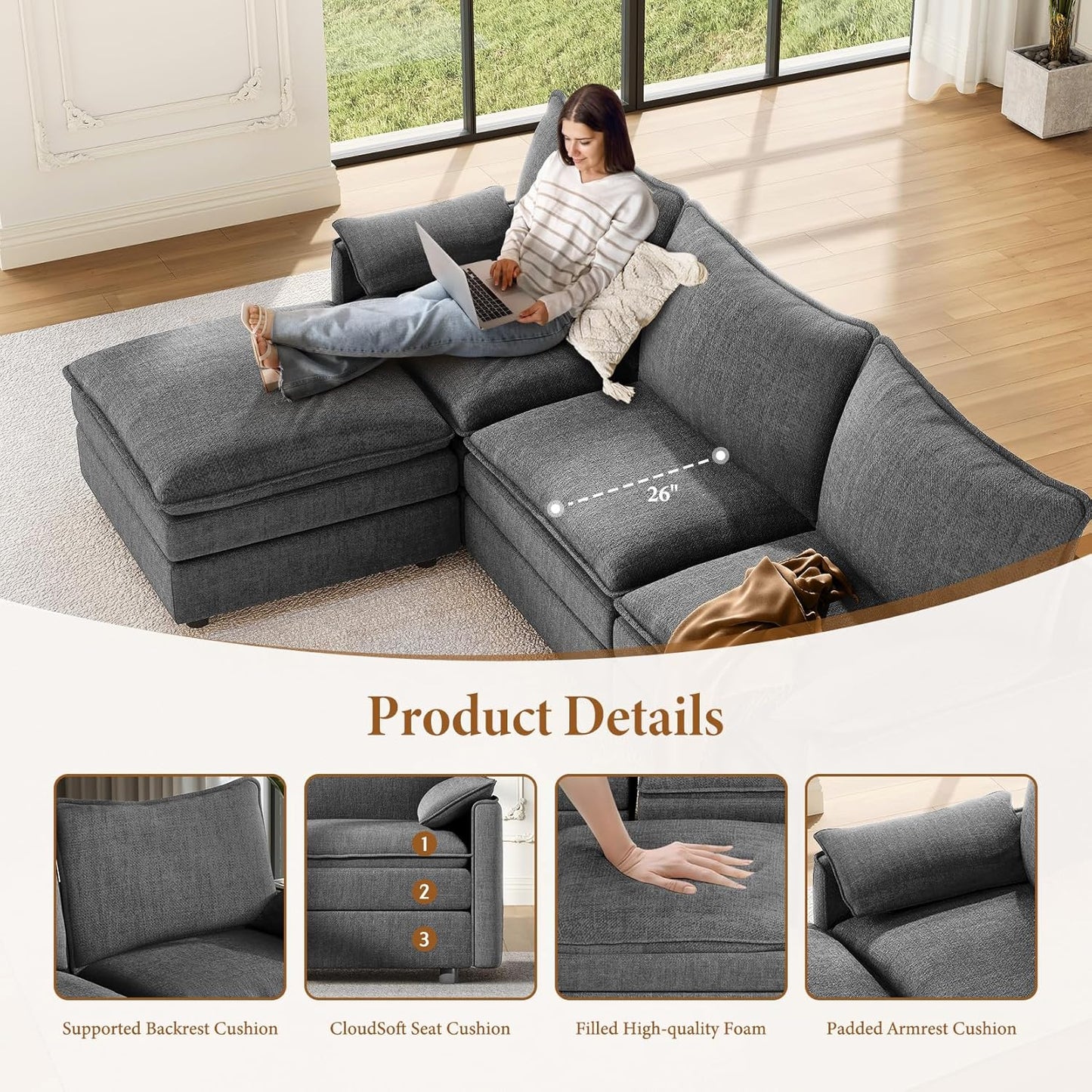 Vesgantti 142" Cloud Couch Sectional Modular Sofa, Comfy Sectional Couch with Ottoman Deep Seat Chenille L Shaped Sofa, Modular Couches for Living Room, Bedroom and Apartment, Gray