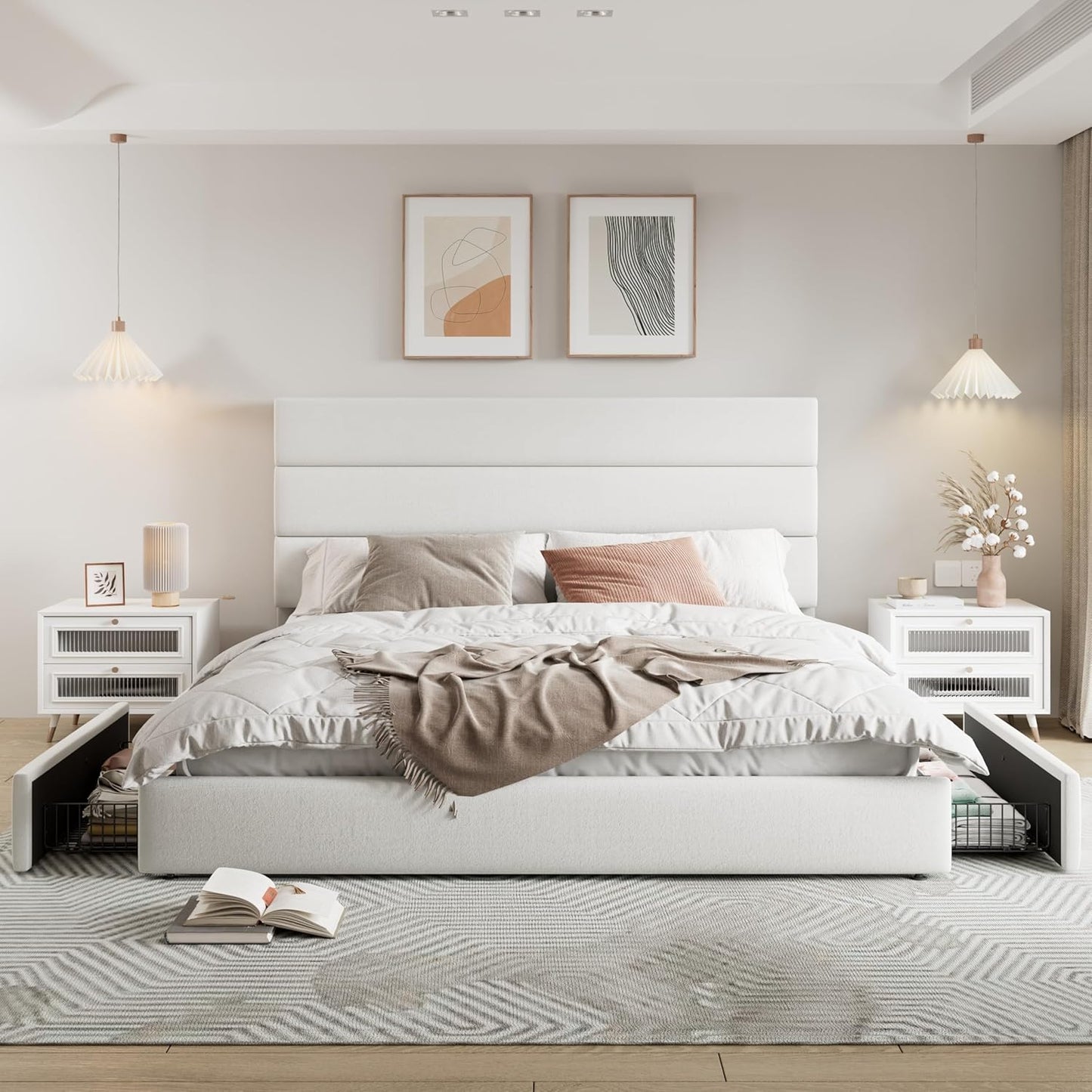 Allewie Modern King Size Platform Bed Frame with 4 Storage Drawers and Velvet Upholstered Headboard, Wooden Slats Support, Upholstered Mattress Foundation/No Box Spring Needed/Easy Assembly, White