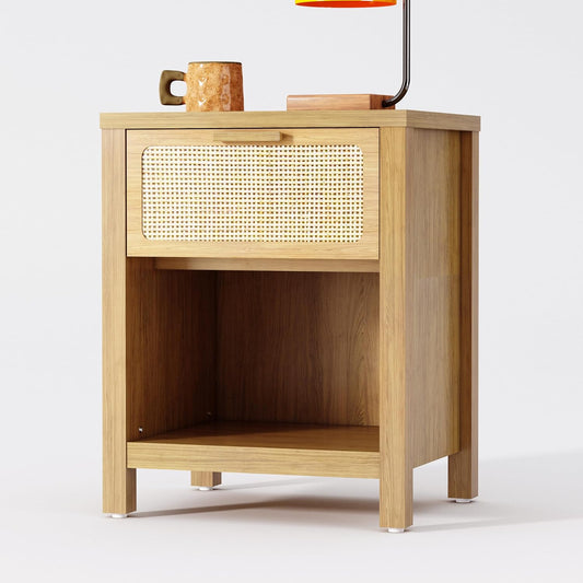Rattan Nightstand, Farmhouse Bedside Table with Opening Storage,Large Side Table with Drawer,Boho Night Stand,Wooden End Table,Handmade Solid Wood Handle,Natural CTG65Y