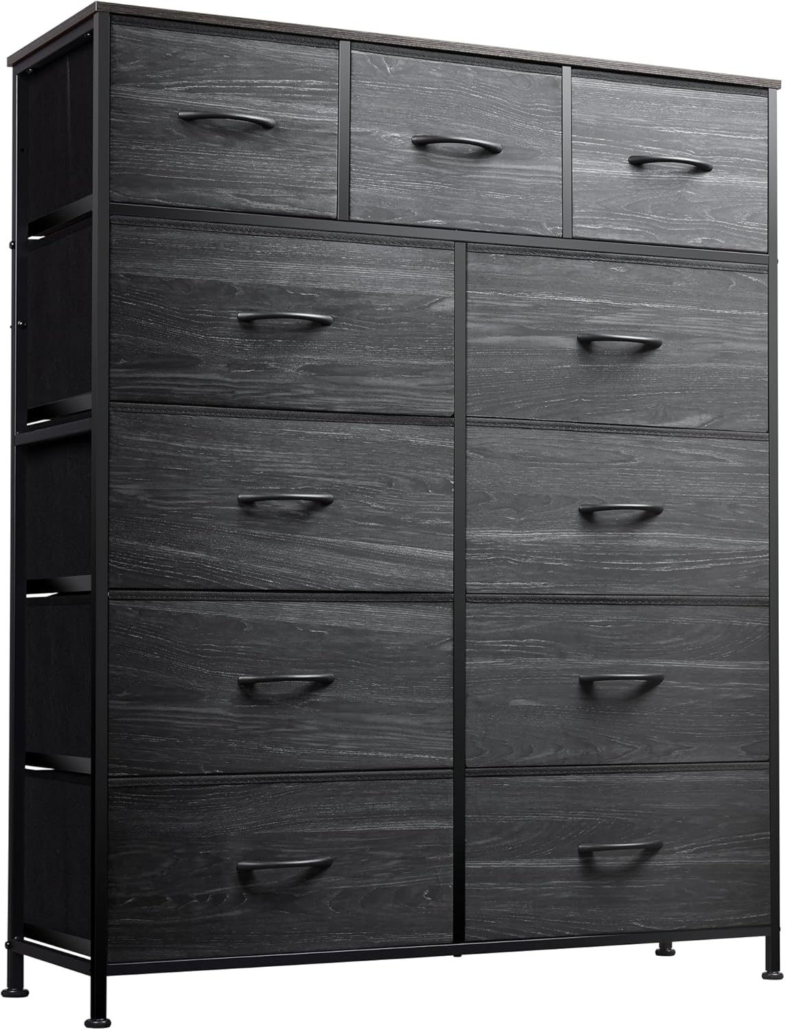 WLIVE Storage Organizer Unit with 11 Fabric Bins, Storage Drawers Organizer with Steel Frame, Tall Storage Tower Organizaton for Living Room, Hallway, Office, Charcoal Black Wood Grain Print