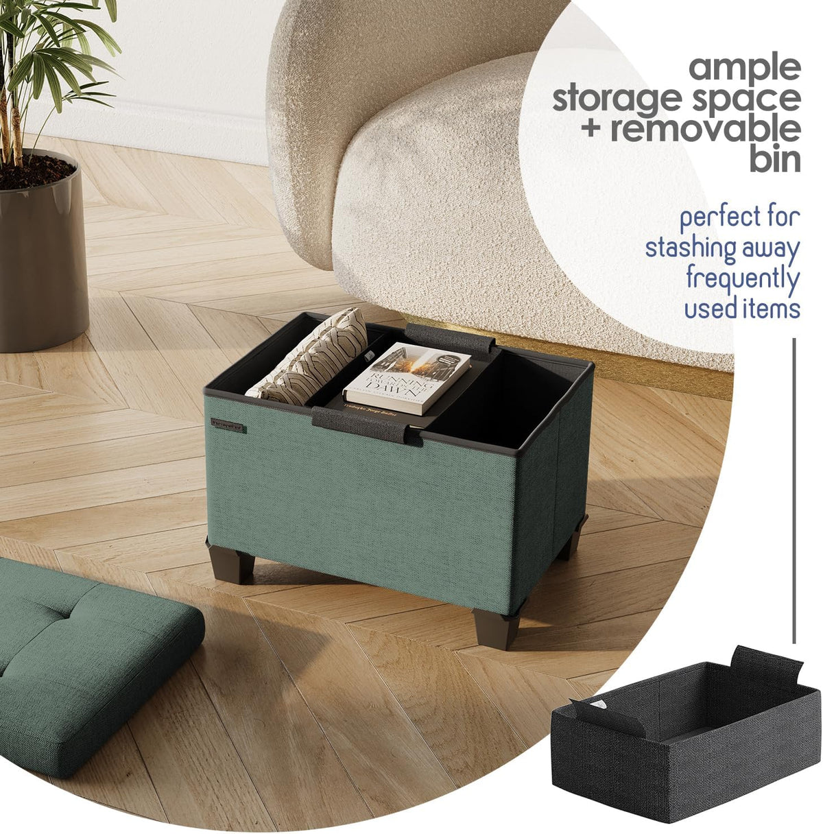 STORAGEBUD Storage Ottoman Cube with Small Bin, 16-in Square Ottoman with Storage for Living Room and Bedroom, Small Ottomans Foot Rest, Fabric Foot Stools Ottomans Max 330lbs, Green