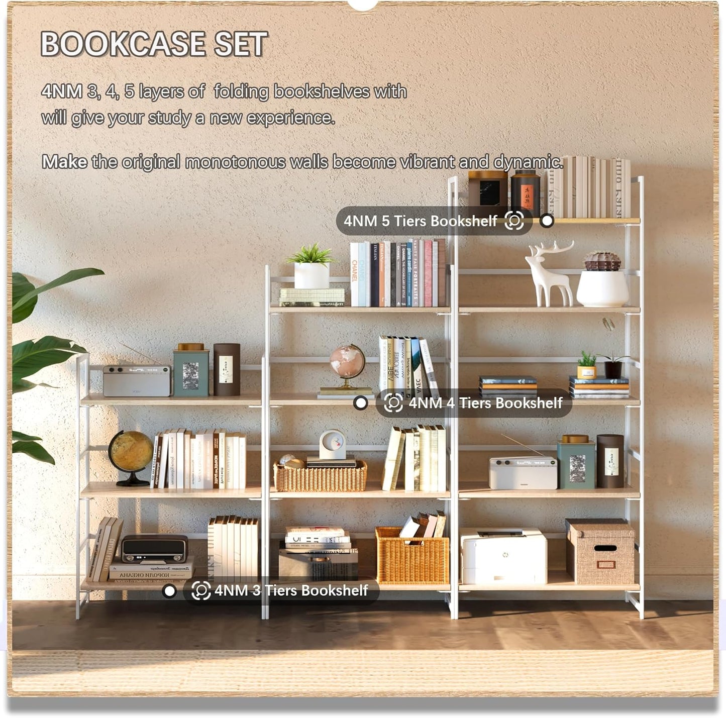 4NM No Assembly 5 Tiers Book Shelves, White Folding Bookshelf Bookcase Open Industrial Foldable Shelves for Bedroom, Living Room, Home Office - Natural White