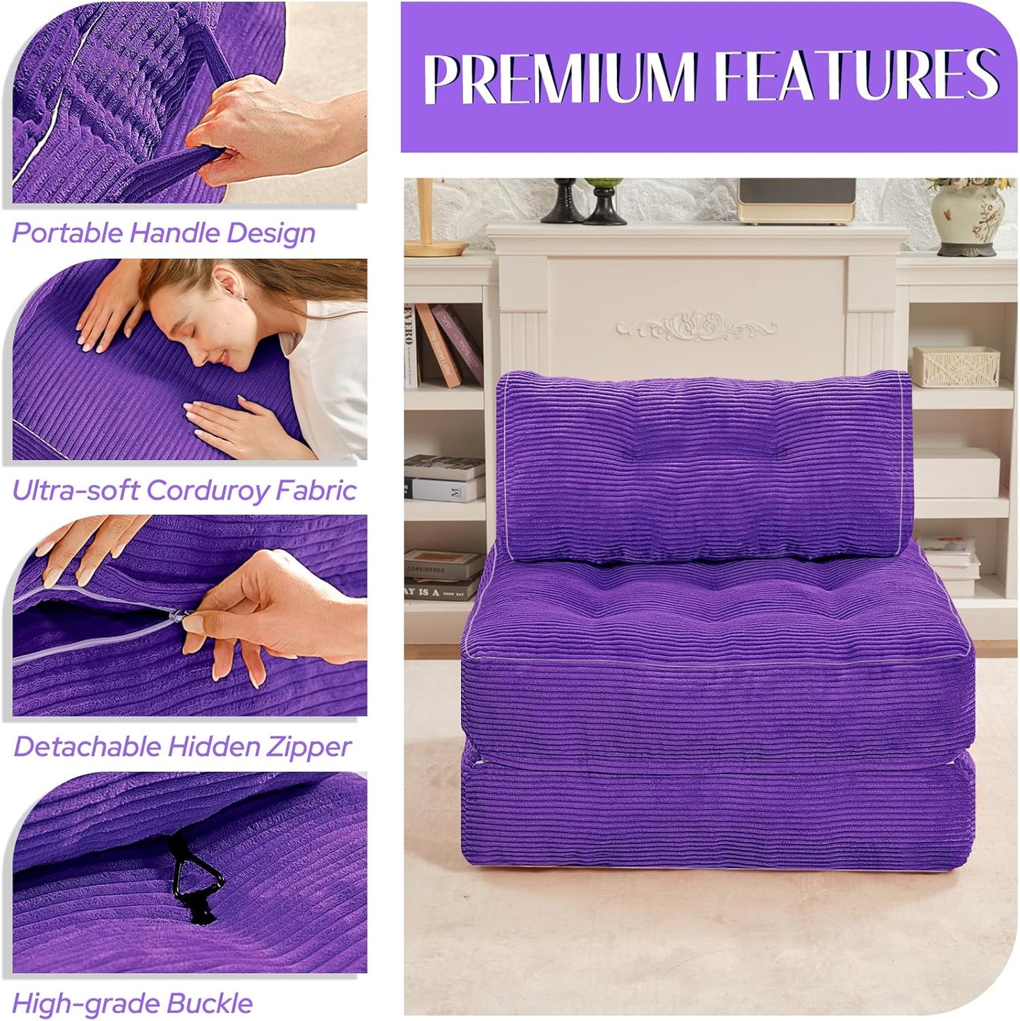HABUTWAY Folding Sofa Bed, Convertible Sleeper Chair Bed w/Dual-Pillow & Handle, Foldable Floor Sofa Lounge w/Back Support for Living Room, Bedroom, Apartment, Office, Purple