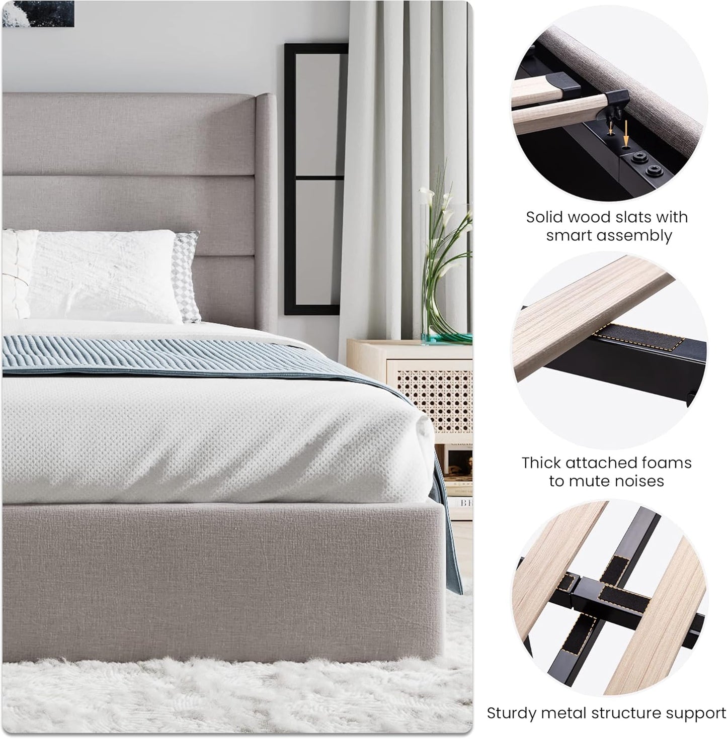 SHA CERLIN King Size Lift Up Storage Bed/Modern Wingback Headboard/Upholstered Platform Bed Frame/Hydraulic Storage/No Box Spring Needed/Wood Slats Support/Light Beige