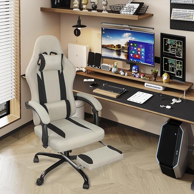 Breathable Fabric Gaming Chair with Footrest, Height Adjustable Game Chair, Video Gaming Chair for Gaming Room, Living Room and Office - Beige/Black