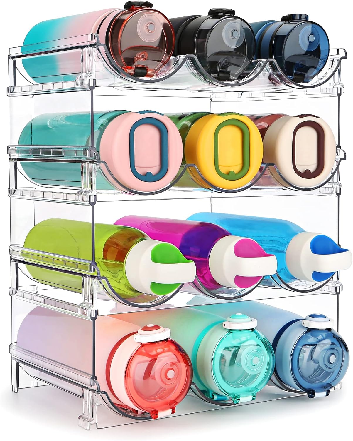 Water Bottle Organizer for Cabinet, 4 Pack Water Bottle Organization and Storage Shelf, Plastic Water Bottle Holder Rack for Fridge, Kitchen, Desktop