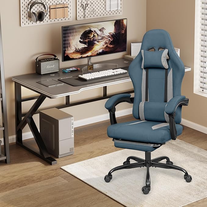 Breathable Fabric Gaming Chair with Footrest, Height Adjustable Game Chair, Video Gaming Chair for Gaming Room, Living Room and Office - Blue/Light Grey