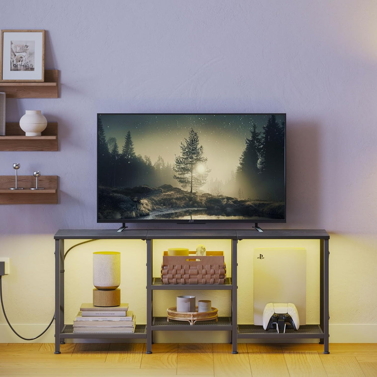 TV Stand with LED Lights for 55 Inch TV, Entertainment Center with 3-Tier Open Shelves, TV Console Table for Living Room, Bedroom, Black