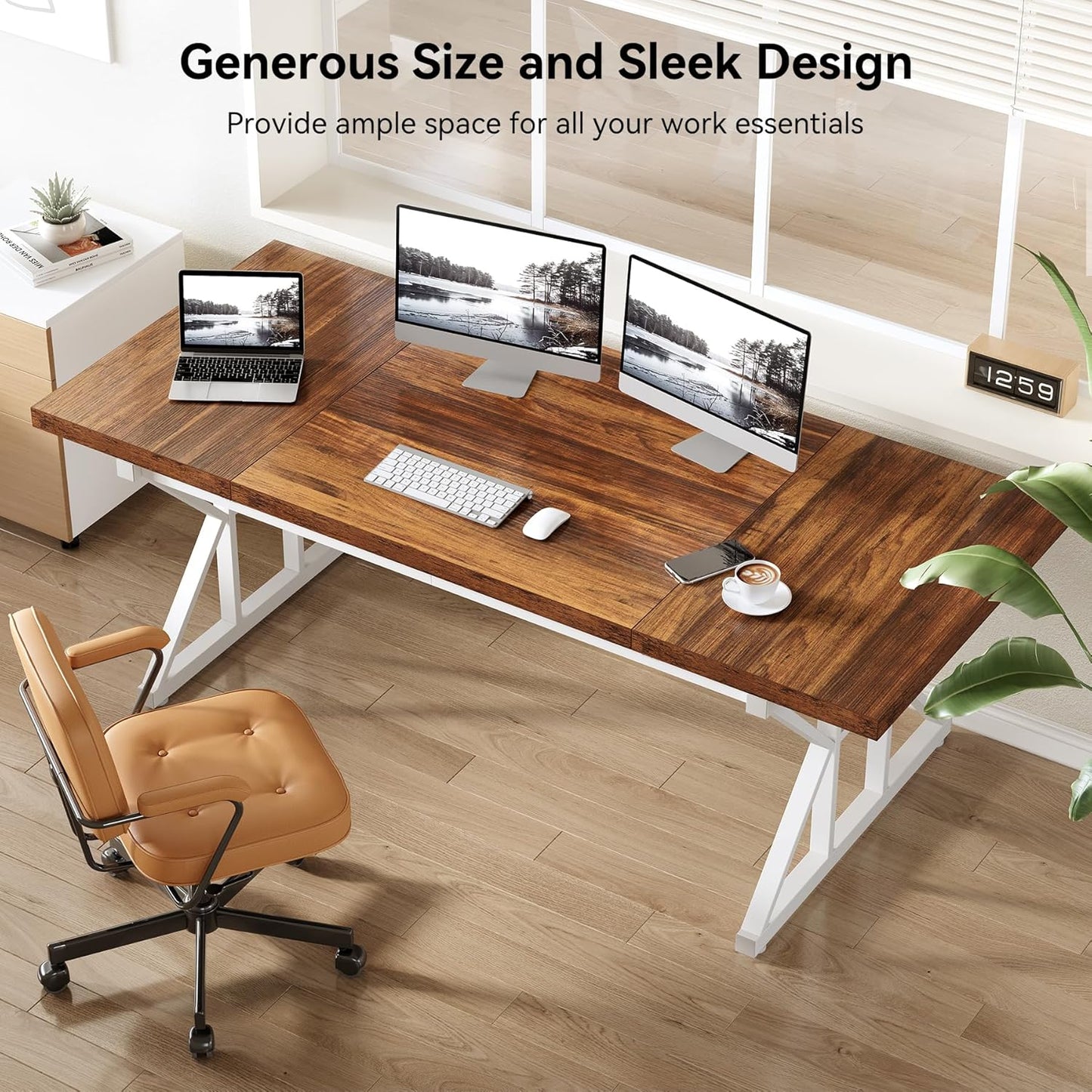 LITTLE TREE 70.8-Inch Large Executive Desk, Modern Computer Office Desk, Wooden Writing Desk Study Table for Home Office