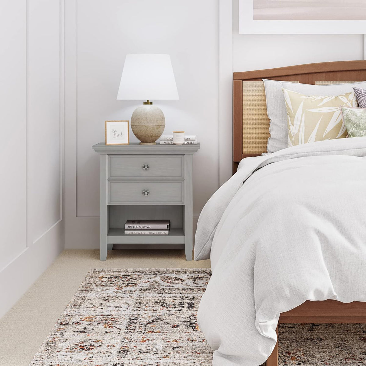 SIMPLIHOME Amherst SOLID WOOD 24 Inch Wide Traditional Bedside Nightstand Table in Fog Grey, For the Living Room and Bedroom