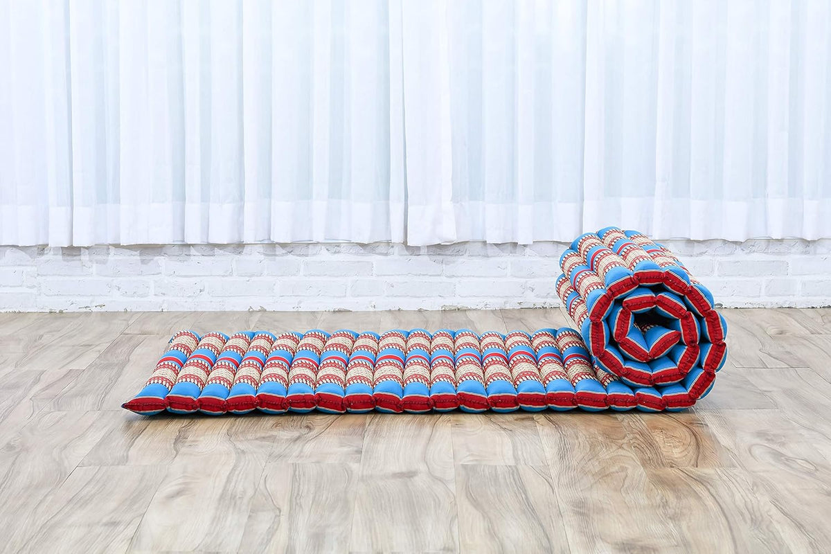 Leewadee - Foldable Floor Mattress - Japanese Roll Up Futon -Trifold Tatami Mat- Guest Floor Bed - Camping Mattress - Thai Massage Mat, Kapok Filled, 75 x 28 inches, Blue Red