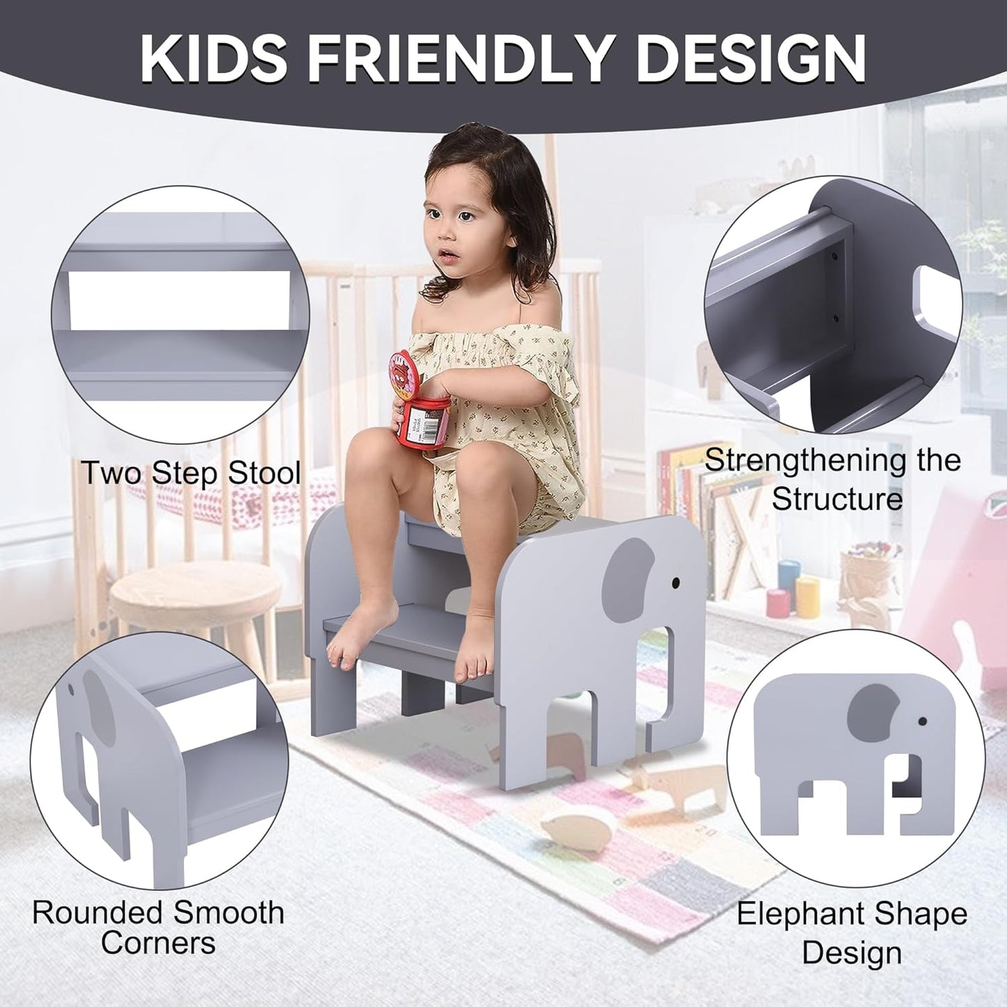 Wood Step Stools for Kids, Child Two Step Stool of Elephant Shape, Toddler Step Stools Potty Training Stool, Easy to Move Safety for Kitchen, Bathroom, Bedroom, Toilet