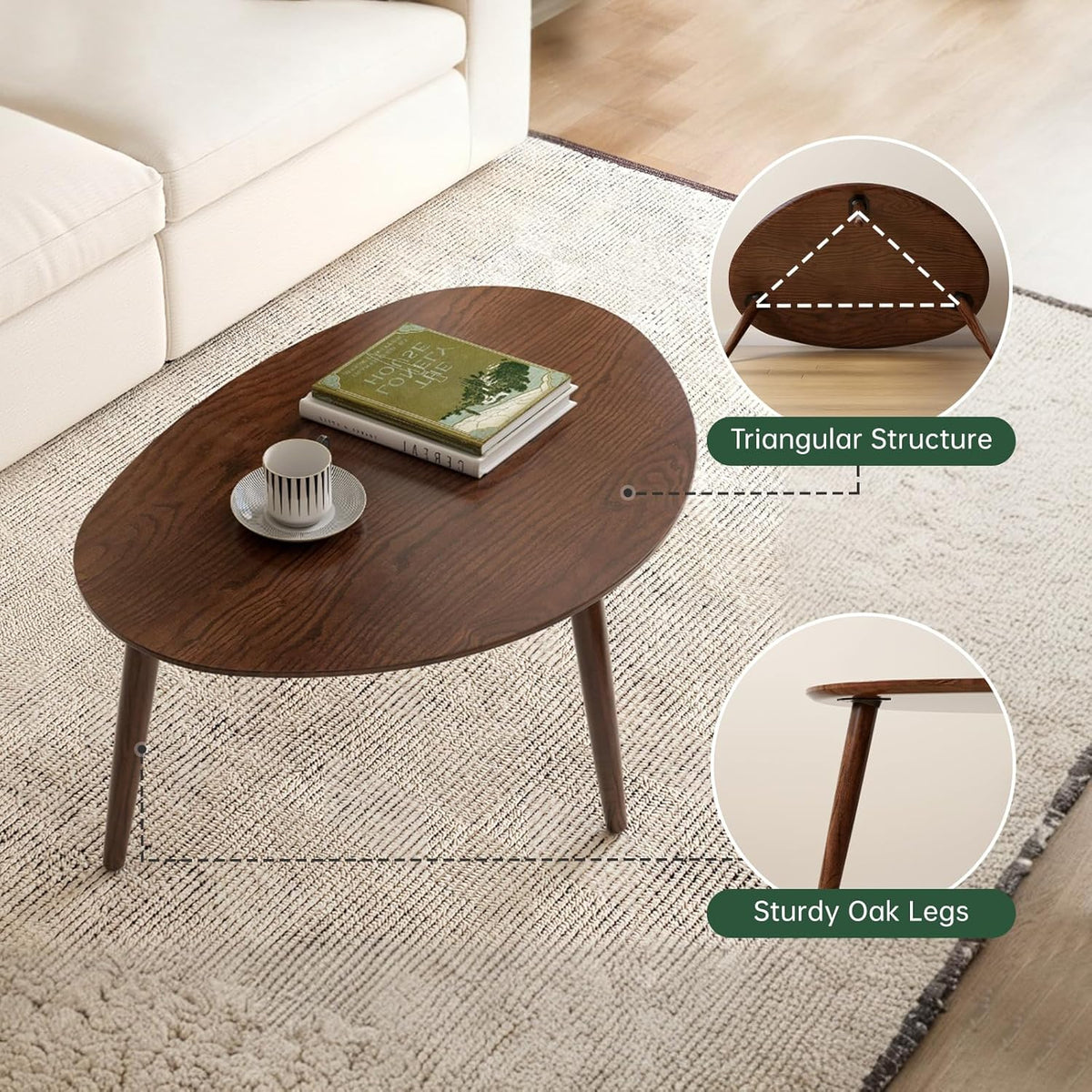 Small Oval Nesting Table, Mid Century Coffee Tables for Living Room,Solid Oak Wood Side Table,Triangle Tabletop with 3 Legs,Minimalist Display End Tables (Walnut Color, 3 Pieces)