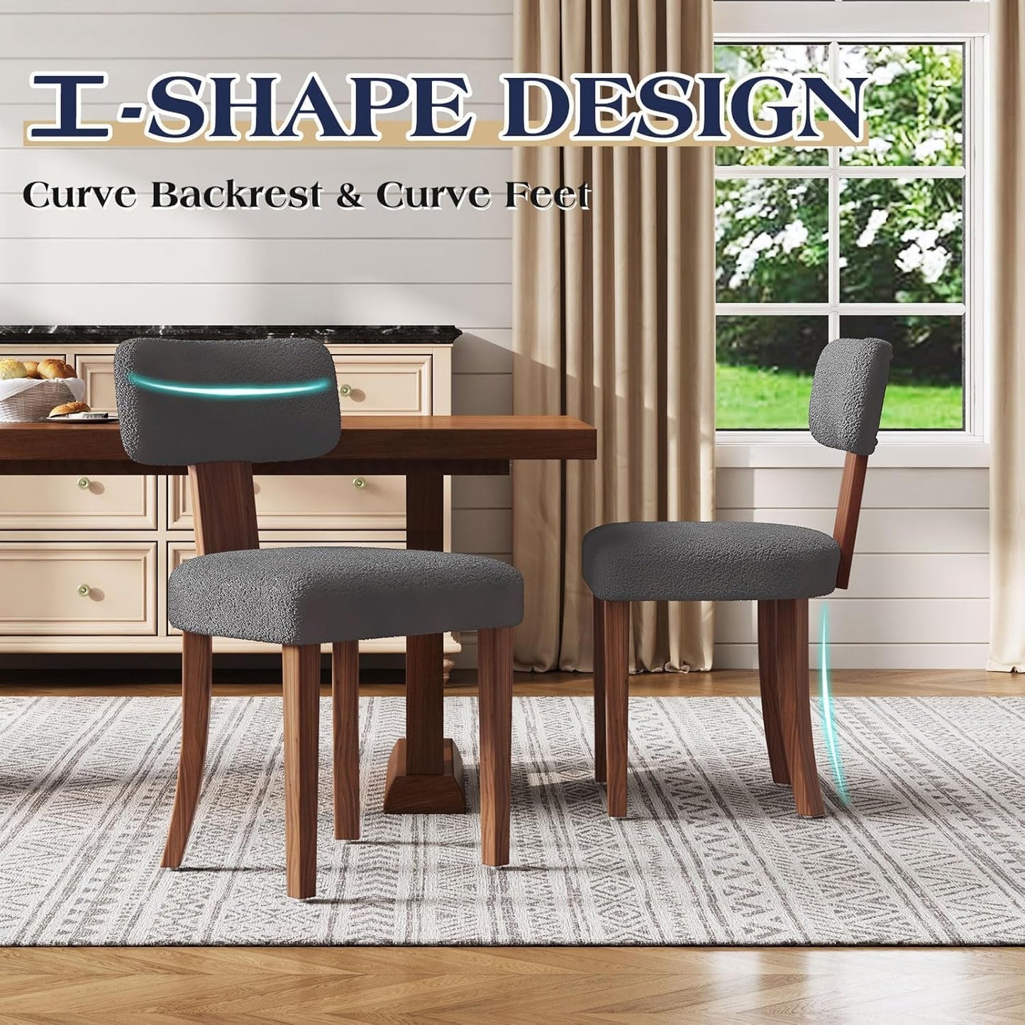 Farmhouse Chair Set of 4, Mid Century Modern Dining Chairs, Sherpa Upholstered Kitchen Chairs with Curved Backrest & Adjustable Legs for Living Room/Bedroom, Easy to Install, Grey Sherpa