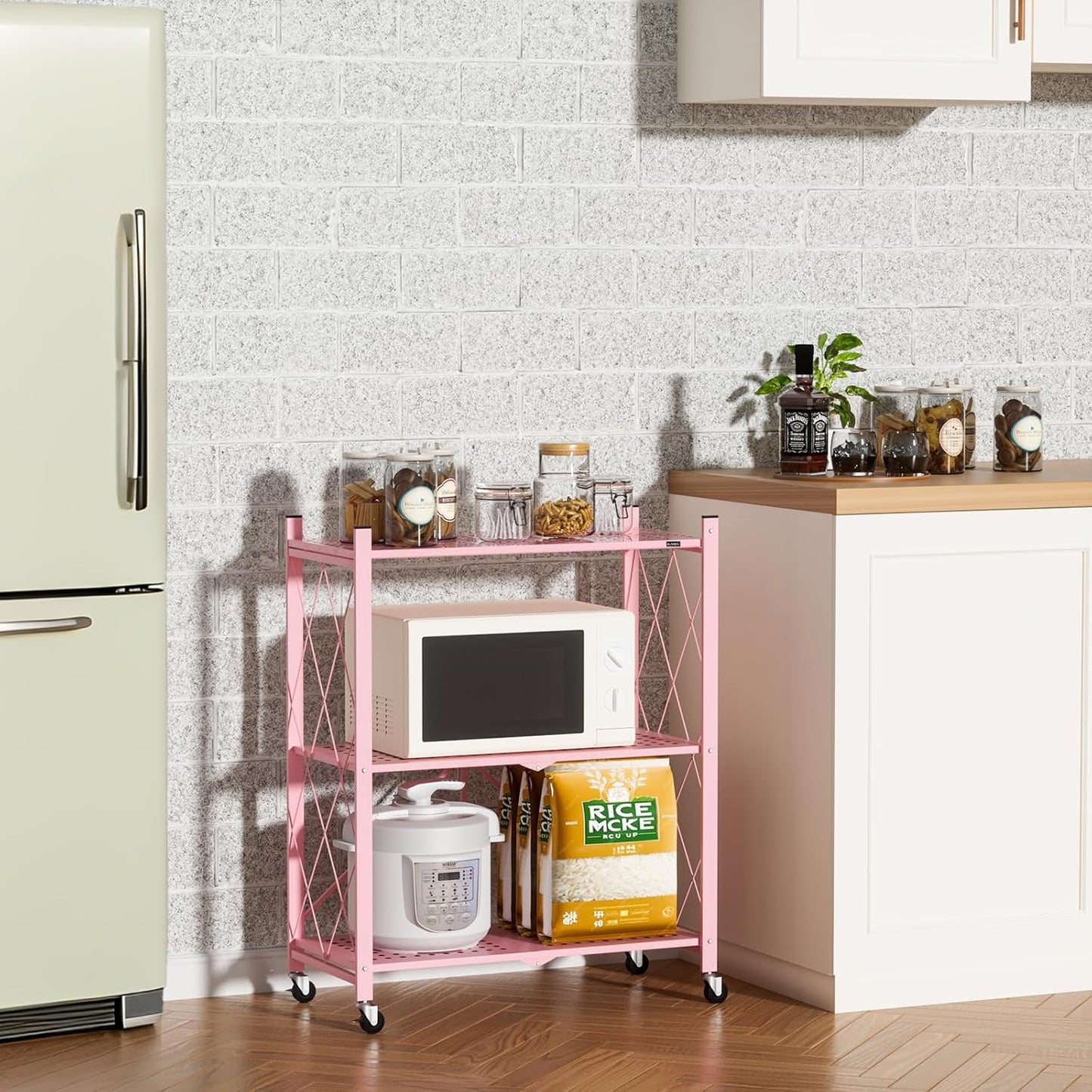 ALANNG Storage Shelves with Wheels, Bookshelf with Storage, No Assembly Metal Rack Shelf for Kitchen, Office, Laundry, Garage (3 Tier, Pink)