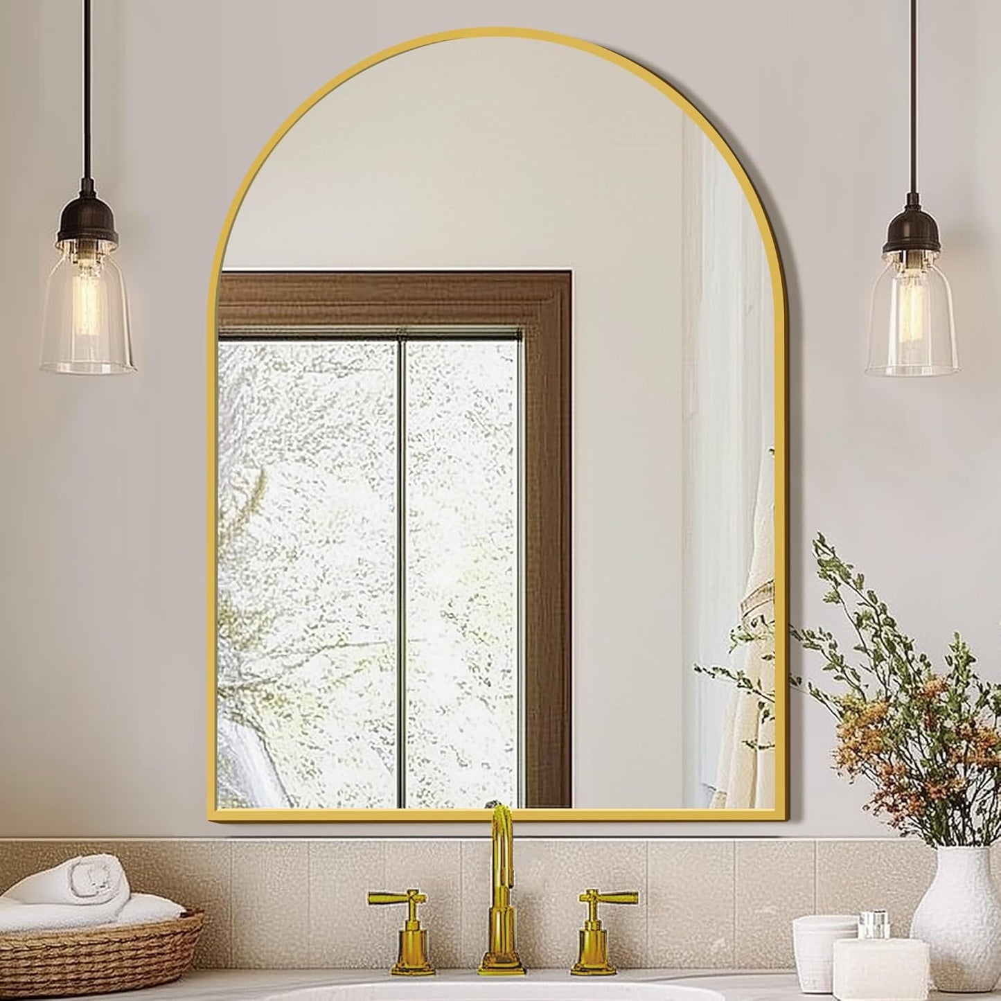 FICTOR Bathroom Vanity Mirror for Wall,40”x30” Large Arched Metal Framed Bathroom Mirror for Over Sink, Entryway, Living Room,Bedroom(Gold)