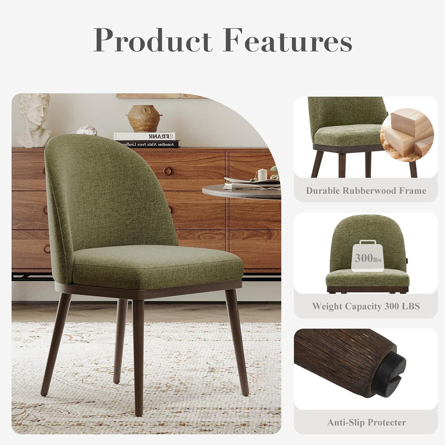 COLAMY Upholstered Dining Chairs Set of 2, Large Dining Room Kitchen Chairs with High Back and Deep Seat, Modern Fabric Dinner Chairs with Wood Legs, Green