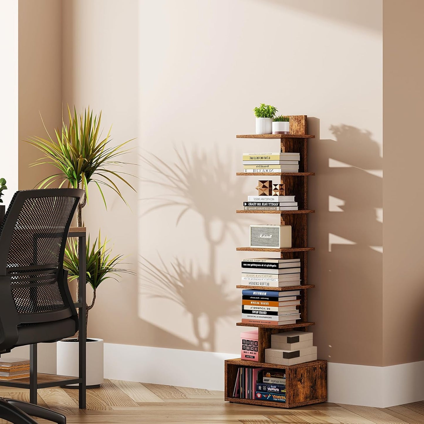 TUTOTAK Narrow Bookshelf, Vertical 8-Tier Bookcase, Spine Book Shelf for Small Space, Small Standing Shelf for Living Room, Office, Study, Entryway, Brown BS07BB008