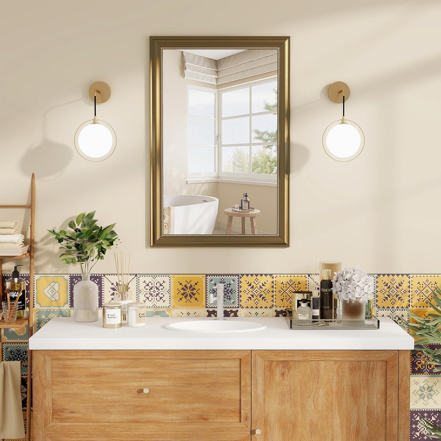 Axeman 22x30 Rectangular Wall Mirror, Decorative Bathroom Mirror, Traditional Vintage Wall Mounted Mirror with Beaded Frame for Accent Living Room Vanity Bedroom Entryway, Gold